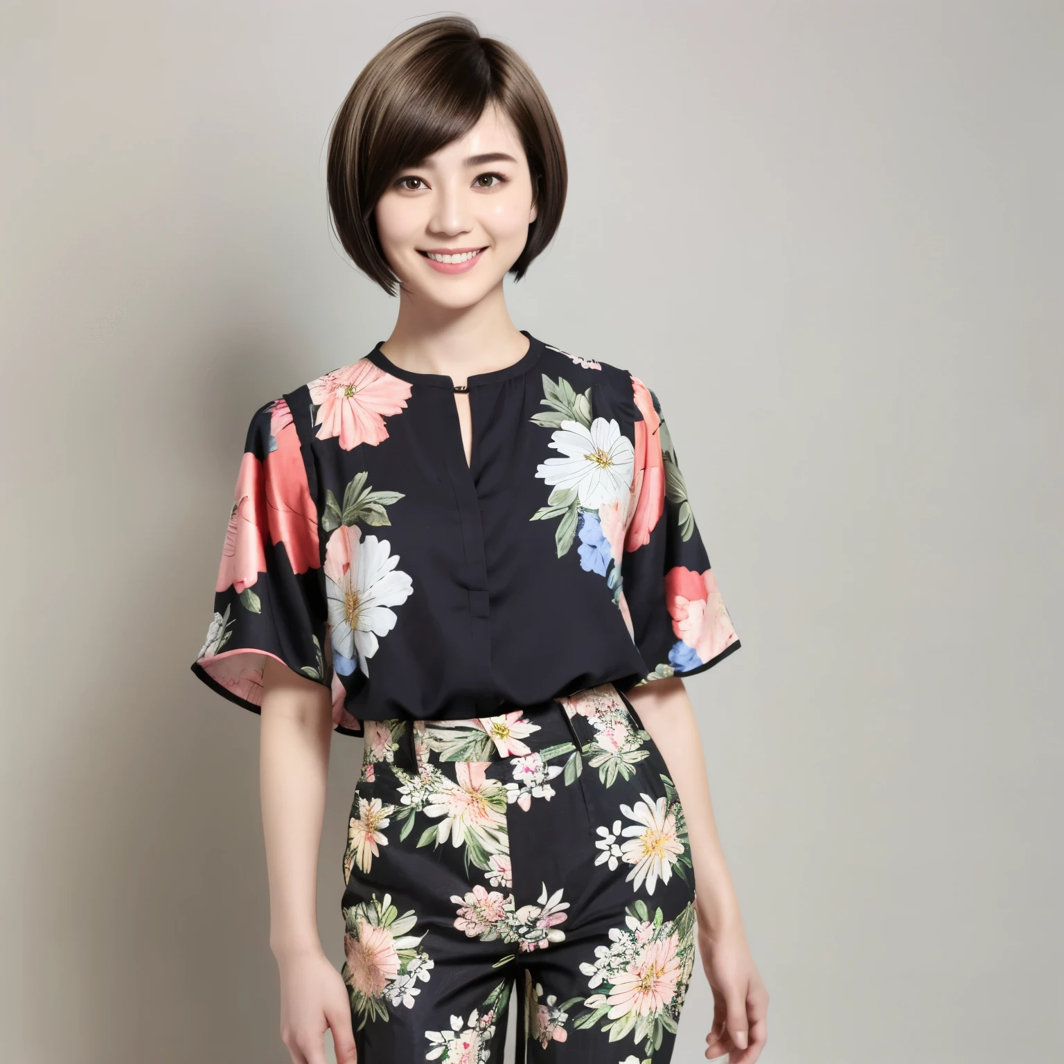 230 (18-year-old female,Floral clothes), ((short hair:1.46)), (Pants Style), (A kind smile)