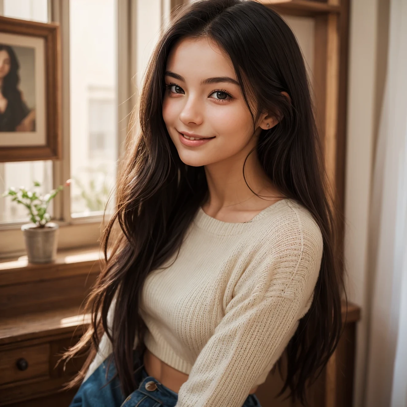 Female, Italian, 18 year old, female, ultra realistic, cozy sunlight to the face, realistic, black long hair, European girl, very cute face, slim waist, posing in the museum, very cozy surroundings, cozy sunlight, gorgeous body, slight smile, optimistic look, mouth shut