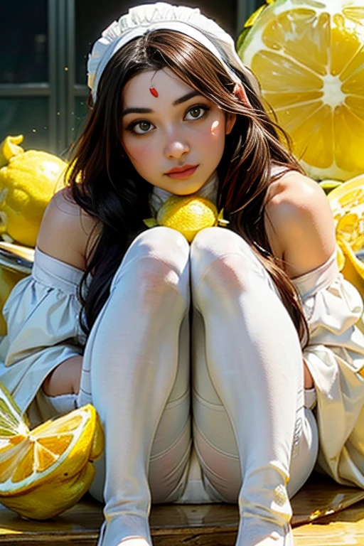 Young and stunningly beautiful woman、Medium Full　Portrait、(Wearing white tights:1.5)、(Only its face is visible on the head of a large lemon:1.75)、Eating lemon