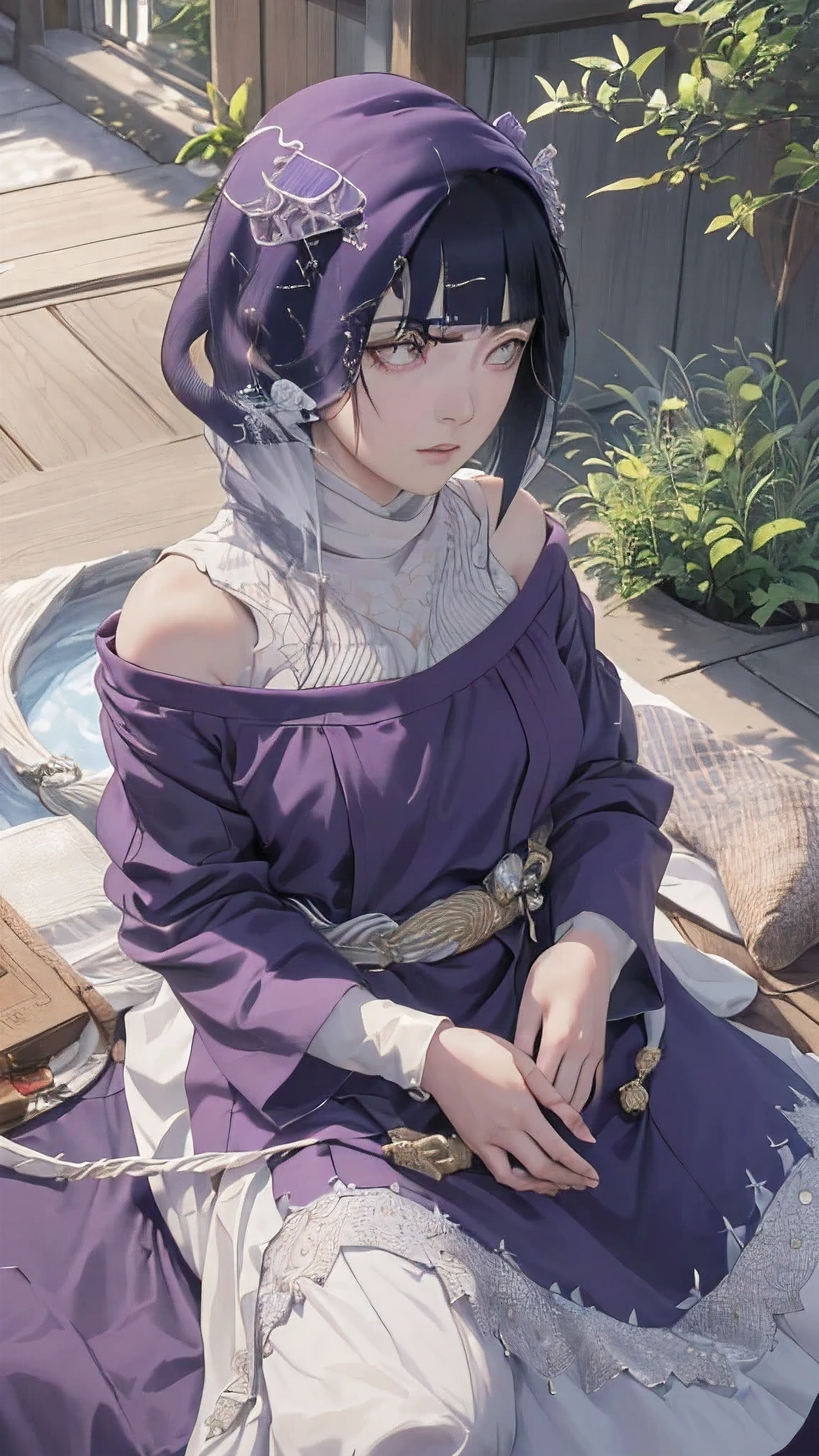 (masterpiece, top quality, best quality, official art, beautiful and aesthetic: 1.2), (1girl), (depicted as Hyuga Hinata from the anime Naruto), (long dark blue hair, cascading down her shoulders), (styled with white eyes, distinctive of her Byakugan heritage), (beautiful, with expressive features and captivating charm), (clad in purple clothes, traditional to Muslim attire), (wearing a mukena, intricately designed and flowing), (head adorned with a hijab, adding a layer of cultural authenticity), (set against a serene mosque background), (ultra-detailed, every fiber