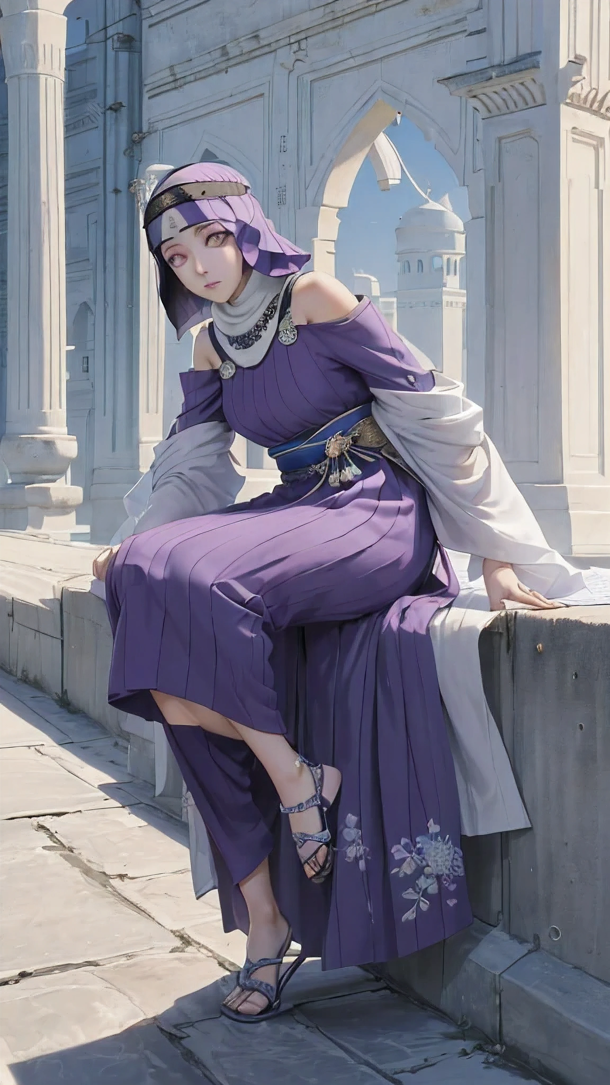 (masterpiece, top quality, best quality, official art, beautiful and aesthetic: 1.2), (1girl), (depicted as Hyuga Hinata from the anime Naruto), (long dark blue hair, cascading down her shoulders), (styled with white eyes, distinctive of her Byakugan heritage), (beautiful, with expressive features and captivating charm), (clad in purple clothes, traditional to Muslim attire), (wearing a mukena, intricately designed and flowing), (head adorned with a hijab, adding a layer of cultural authenticity), (set against a serene mosque background), (ultra-detailed, every fiber
