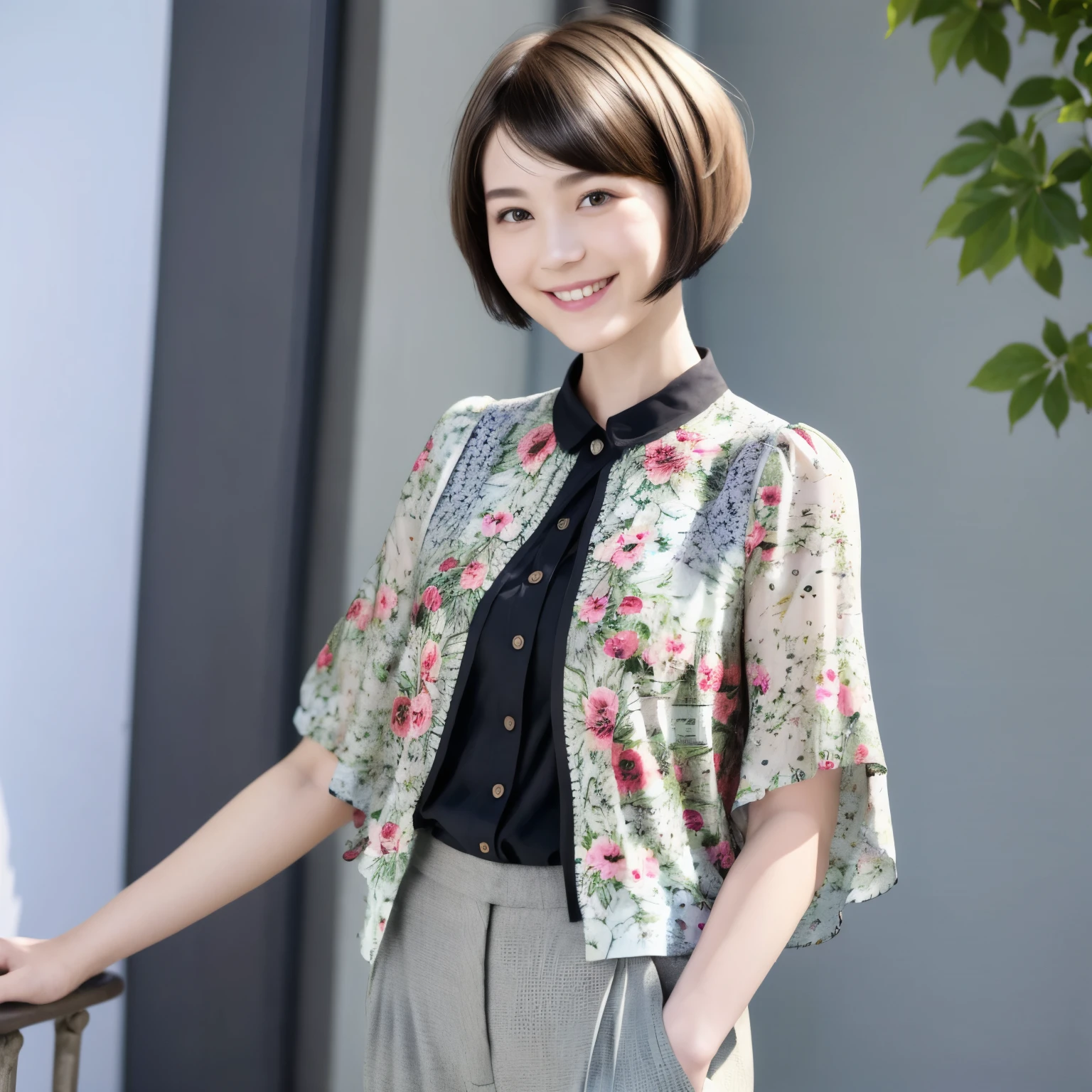 230 (18-year-old female,Floral clothes), ((short hair:1.46)), (Pants Style), (A kind smile)