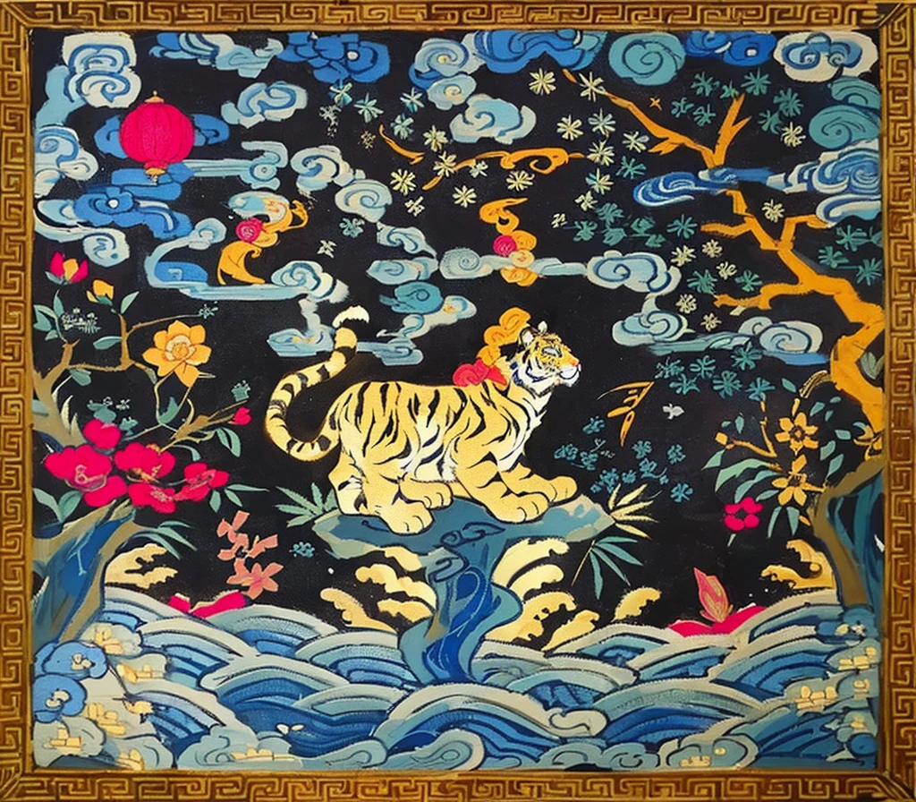 Close-up of tiger on carpet,Sky in the background, Qing Dynasty, embroidered velvet, Tibet, author Wen Boren, inspired author:Li Keran, author:Li Keran, traditional Chinese Arts, Wizard fighting tiger, Velvet Art, Tibetan thangka, Chinese Arts, an painting, inspired by Jin Nong, traditional folk art style, fabric embroidery,2d hand-drawn comic style,The border is complete, neat and clear