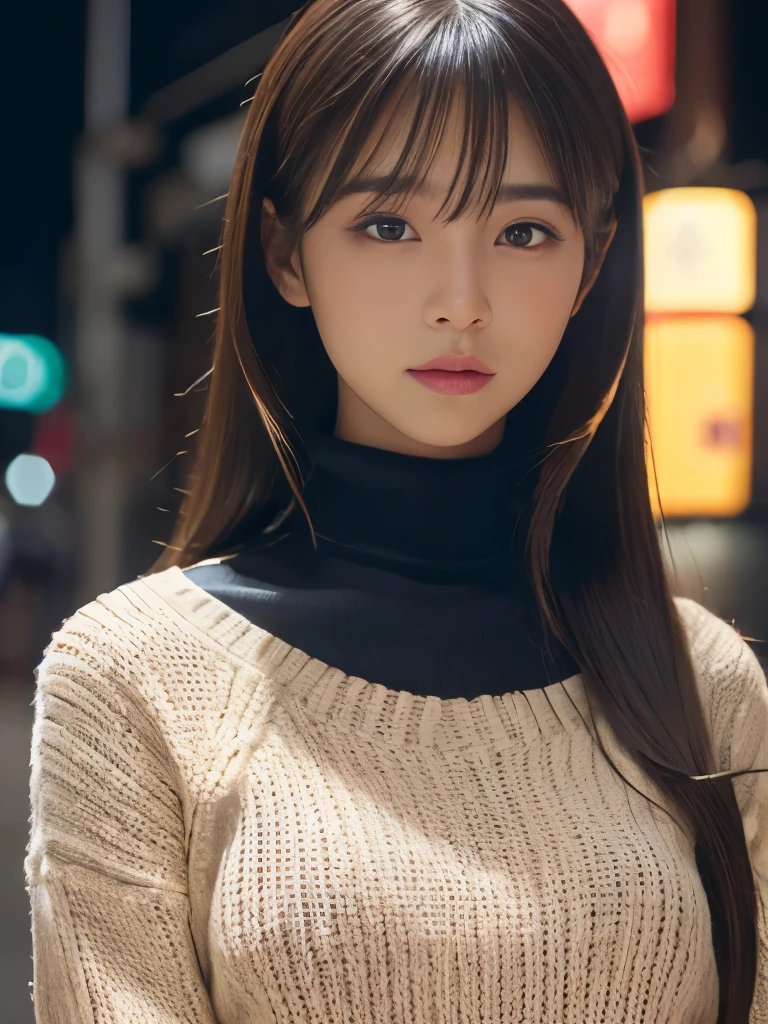 Product quality, 1 girl, (Cowboy Shot), Front view, Young and cute girl in Japan, At night, Wearing a black turtleneck knit sweater, Wearing a mini skirt, Super cute face, Glossy lips, Double eyelids on both eyes, (Natural Makeup), shiny smooth light brown hair with long hair,, Asymmetrical bangs, Center image, 8K resolution, High detail, Detailed hairstyle, Detailed face, Cinema Lighting, Octane Rendering, Ultra-realistic, Perfect limbs, Perfect Anatomy, 