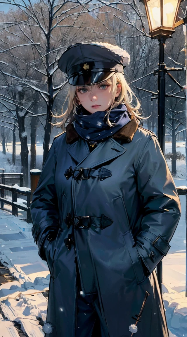 highres, absurdres, high quality, 1girl, solo, Graf Zeppelin /(Kancolle/), grey eyes, blonde hair, (large breasts:1.3), neutral face, (trousers, scarf, coat, winter coat, long coat, dark blue coat, winter uniform:1.5), gloves, winter hat, lying in snow, lightpole, night, snow, military hat