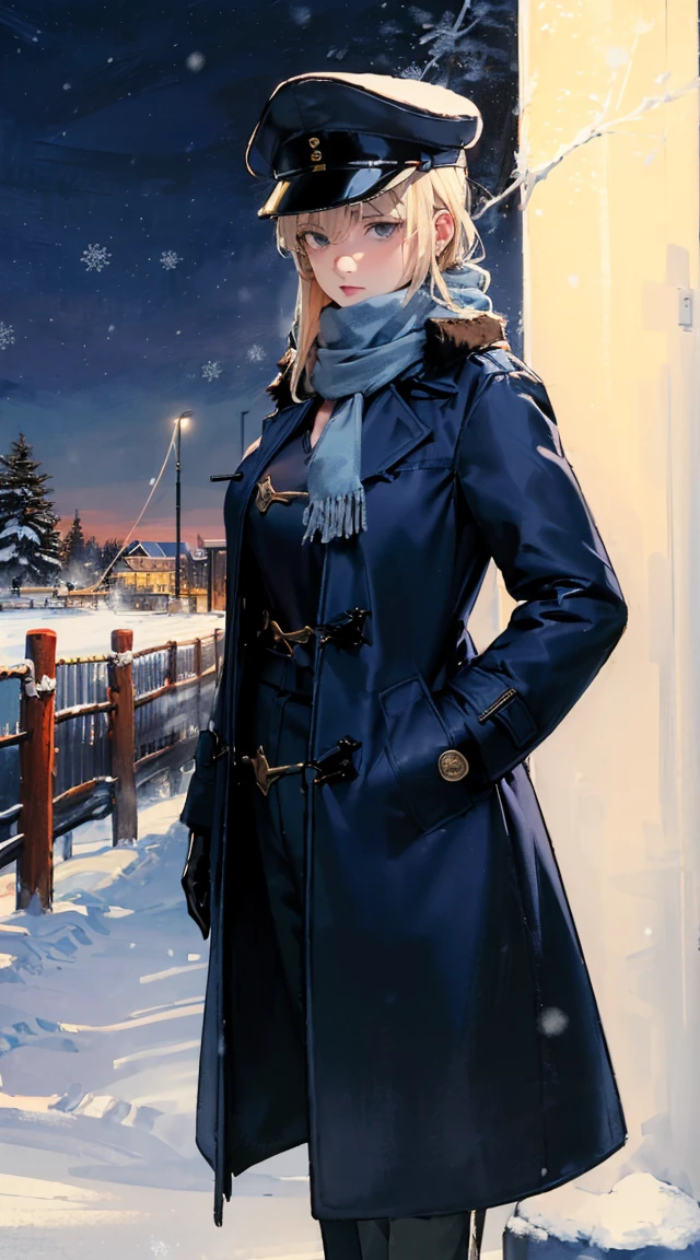 highres, absurdres, high quality, 1girl, solo, Graf Zeppelin /(Kancolle/), grey eyes, blonde hair, (large breasts:1.3), neutral face, (trousers, scarf, coat, winter coat, long coat, dark blue coat, winter uniform:1.5), gloves, winter hat, lying in snow, lightpole, night, snow, military hat