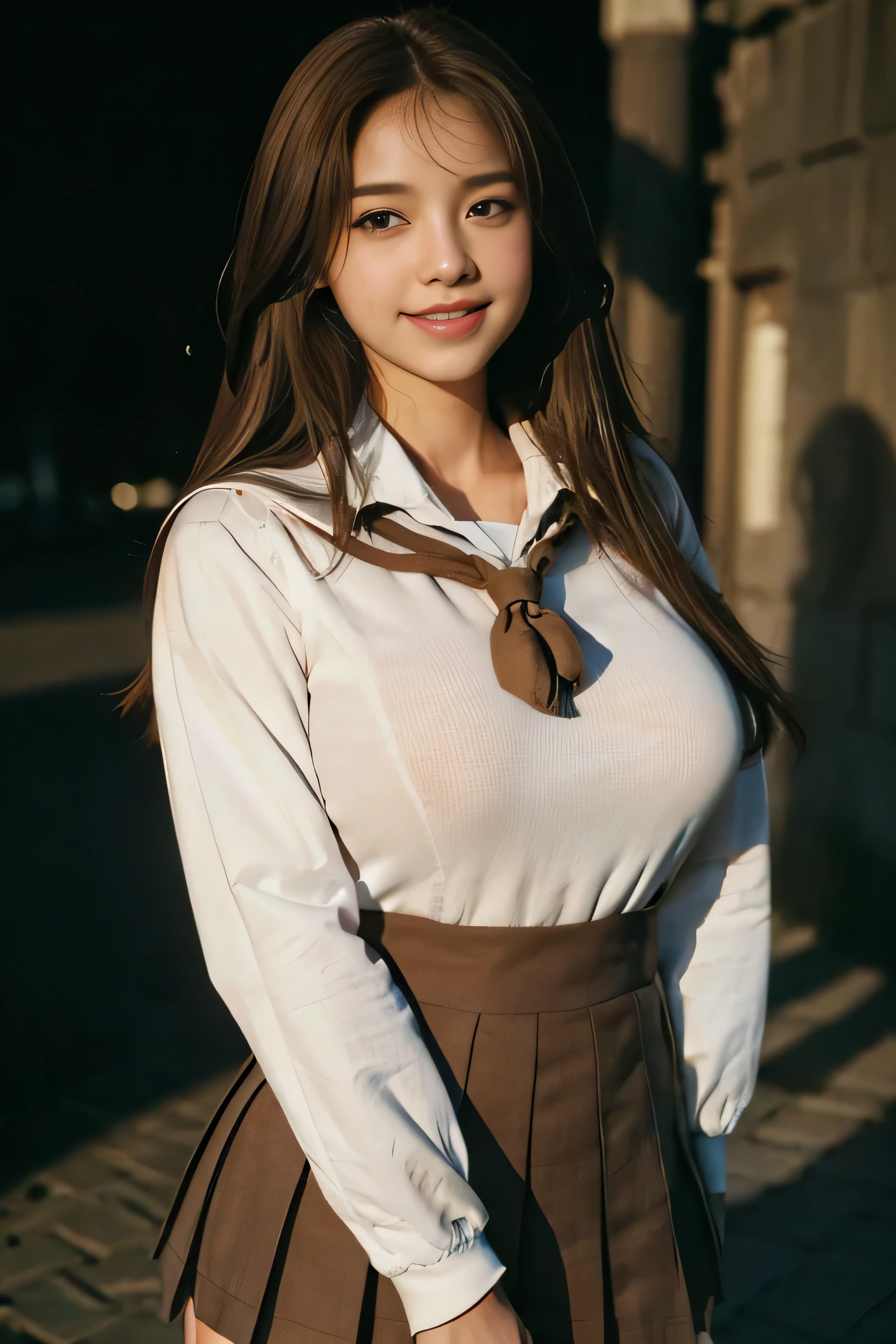 ((Beautiful girl:1.3)) ((school uniform:1.5)) (((smile:1.2)) ((Big Breasts:1.2)) () ((close:1.3)) highest quality,masterpiece,Ultra-high resolution,(Realistic:1.4),RAW Photos,(Real skin texture:1.3),(Film Grain:1.3),Panorama,Character Portrait,Very wide shot,Tight waist,Cowboy Shot,(In the Dark, Deep Shadow, Modest, Cold Light,) night,(()),Tears flow,,Dust,Tyndall effect,(Performance),,Beautiful and detailed eyes and face,White Jabot,Brown eyes,((Brown Hair:1.2)) ((whole body:1.3))