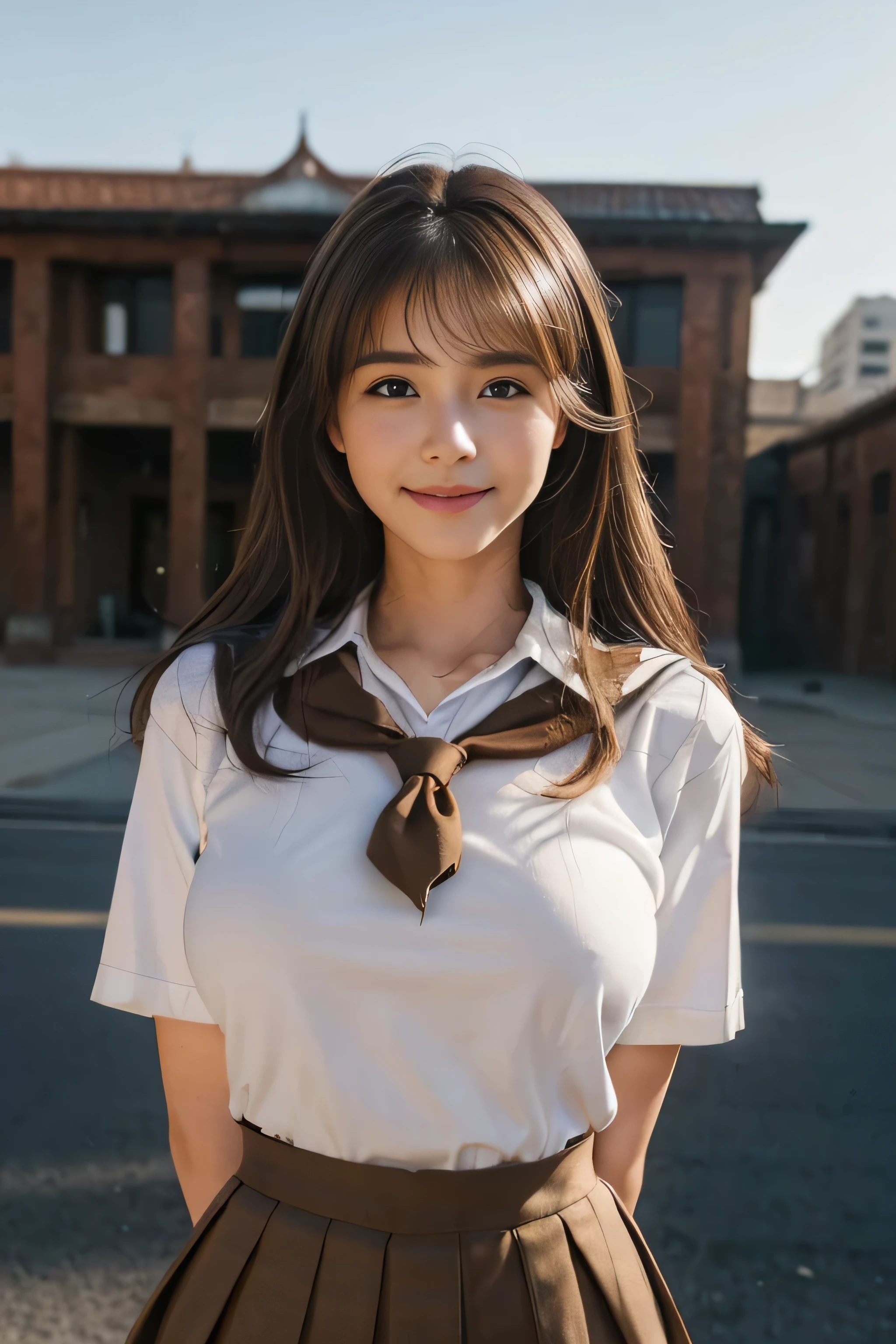 ((Beautiful girl:1.3)) ((school uniform:1.5))  (((smile:1.2)) ((Big Breasts:1.2)) () ((close:1.3)) highest quality,masterpiece,Ultra-high resolution,(Realistic:1.4),RAW Photos,(Real skin texture:1.3),(Film Grain:1.3),Panorama,Character Portrait,Very wide shot,Tight waist,Cowboy Shot,(In the Dark, Deep Shadow, Modest, Cold Light,) night,(()),Tears flow,,Dust,Tyndall effect,(Performance),,Beautiful and detailed eyes and face,White Jabot,Brown eyes,((Brown Hair:1.2)) ((whole body:1.3))