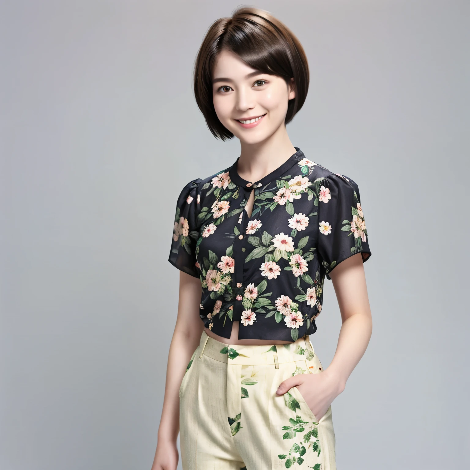 230 (18-year-old female,Floral clothes), ((short hair:1.46)), (Pants Style), (A kind smile)