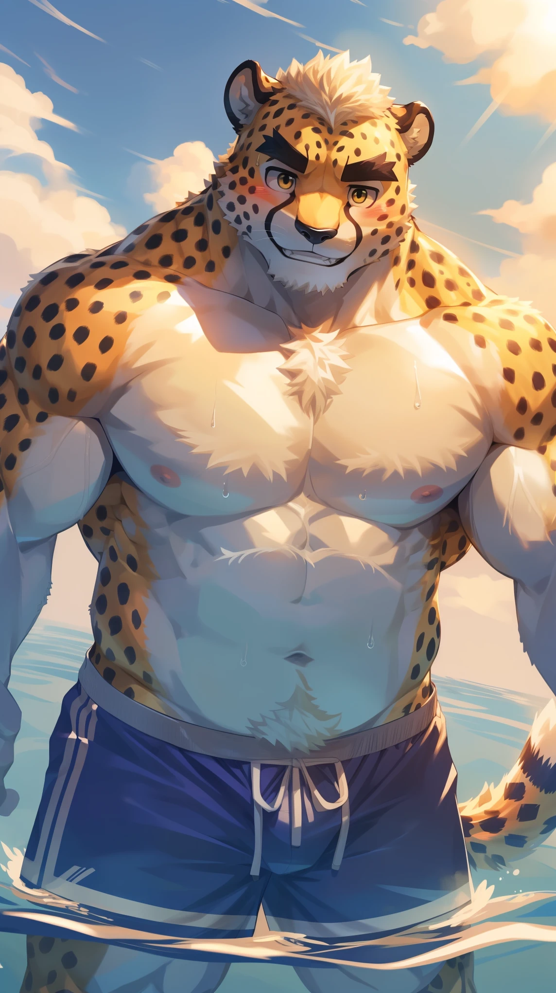 depth of fields, lighting perfect, light particles，（best quality), (masterpiece）, (ultra - detailed, Sharp focus, light particles, inij，cheetah male，ge age，teen temperament，Eyes，purple eyes ，Crossed waist with one hand,  rays of sunshine，城市，Mysterious smile, penis, Naked, wet, water