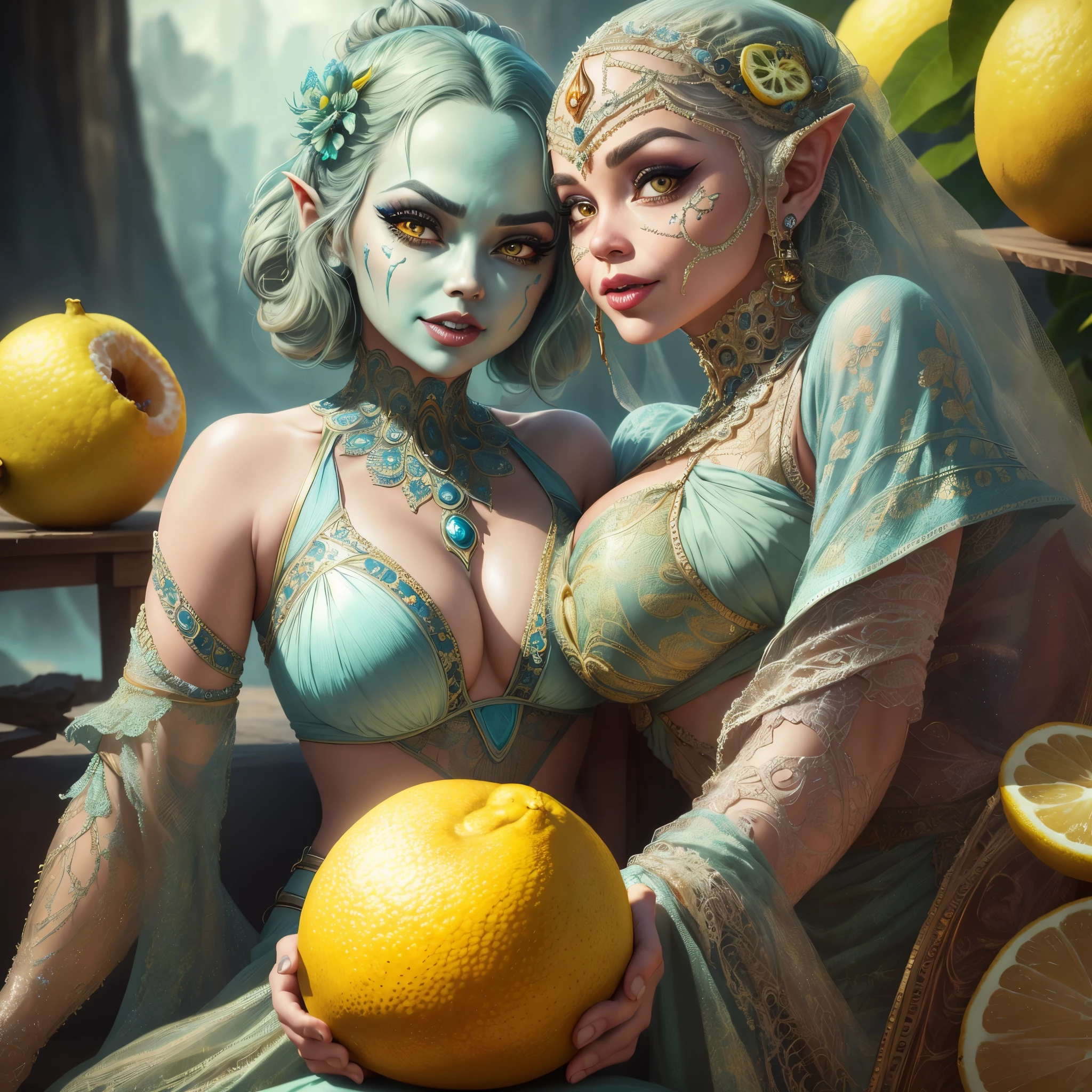 (horror, comedy) (lemon eating challenge) a young woman with beautiful detailed eyes, beautiful detailed lips, extremely detailed eyes and face, long eyelashes, another young woman with beautiful detailed eyes, beautiful detailed lips, extremely detailed eyes and face, long eyelashes, both women in sexy metallic sci-fi bikinis, unhappy expressions(they have just eaten a lemon, mouth puckered) , Jabba the Hutt chuckling and filming, 8k, high quality, photorealistic, cinematic lighting, dramatic colors, science fiction, fantasy, digital painting (show her full body)