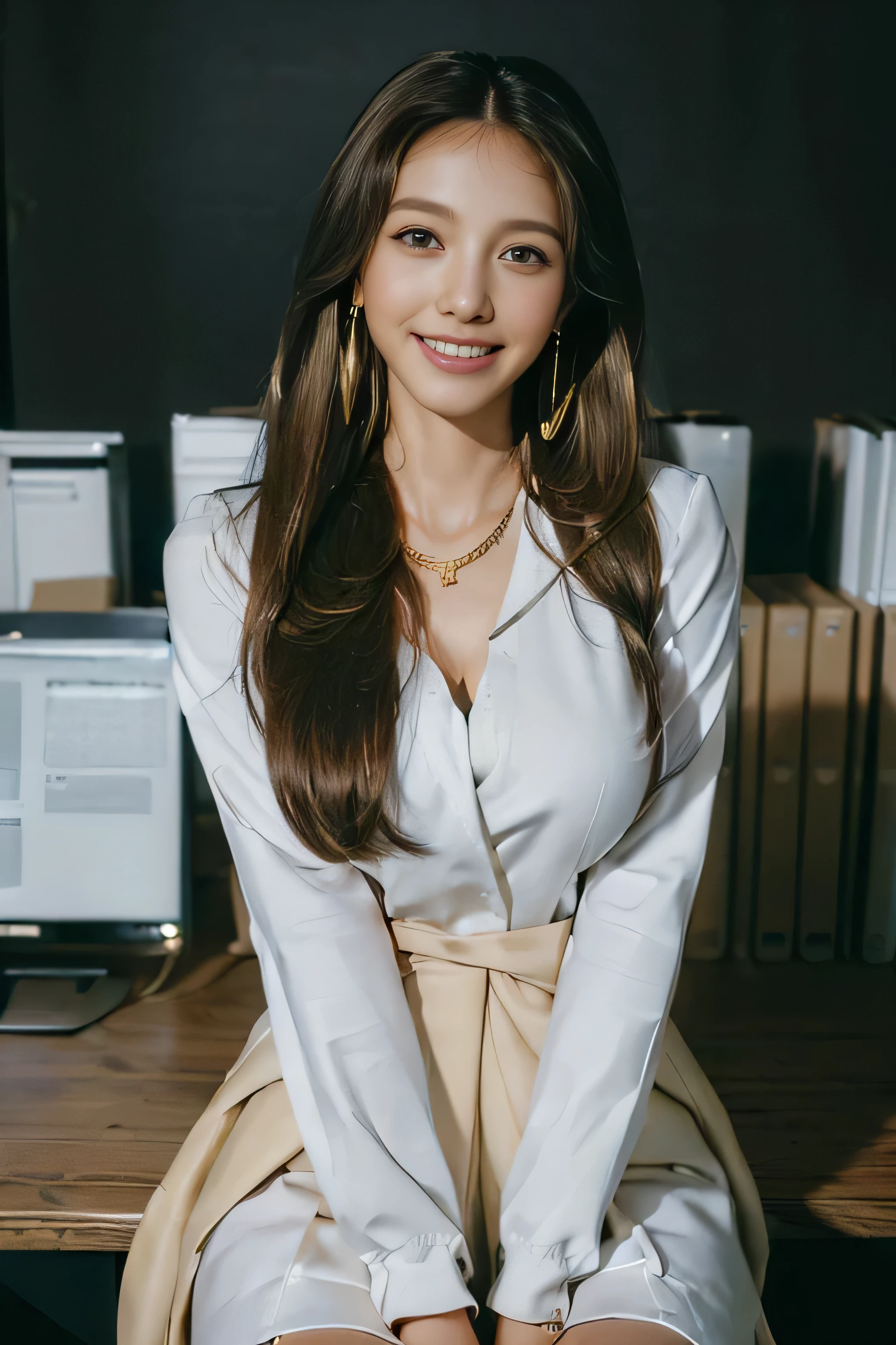 ((Beautiful girl:1.3)) ((school uniform:1.5)) (((smile:1.2)) ((Medium sized breasts:1.2)) () ((close:1.3)) highest quality,masterpiece,Ultra-high resolution,(Realistic:1.4),RAW Photos,(Real skin texture:1.3),(Film Grain:1.3),Panorama,Character Portrait,Very wide shot,Tight waist,Cowboy Shot,(In the Dark, Deep Shadow, Modest, Cold Light,) night,(()),Tears flow,,Dust,Tyndall effect,(Performance),,Beautiful and detailed eyes and face,White Jabot,Brown eyes,((Long straight hair_Hair reaching down to the waist:1.2)) ((whole body:1.3))((Gold Necklace_Large earrings:1.2)),((A shy smile:1.3)), ((sitting in the office and working at the desk:1.4)) ((Women's Suits:1.3),((in a business suit:1.3)),