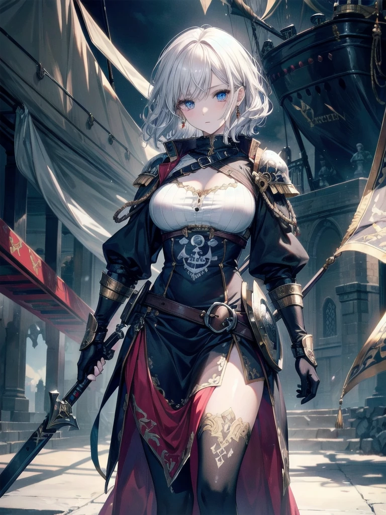 absurdres, RAW photo, extremely delicate and beautiful, masterpiece, Best Quality, ultra high resolution, 32k, hyperrealistic, ultra-detailed, perfect figure, detailed description, pale skin, 20 years old, detailed beautiful face and eyes, tearful mole, earring, short medium hair, wavy hair, full body, a heavily armored pirate, pirate captain, detailed metal armor, intricate pirate clothing, bold colors, highly detailed metal textures, holding a massive anchor,