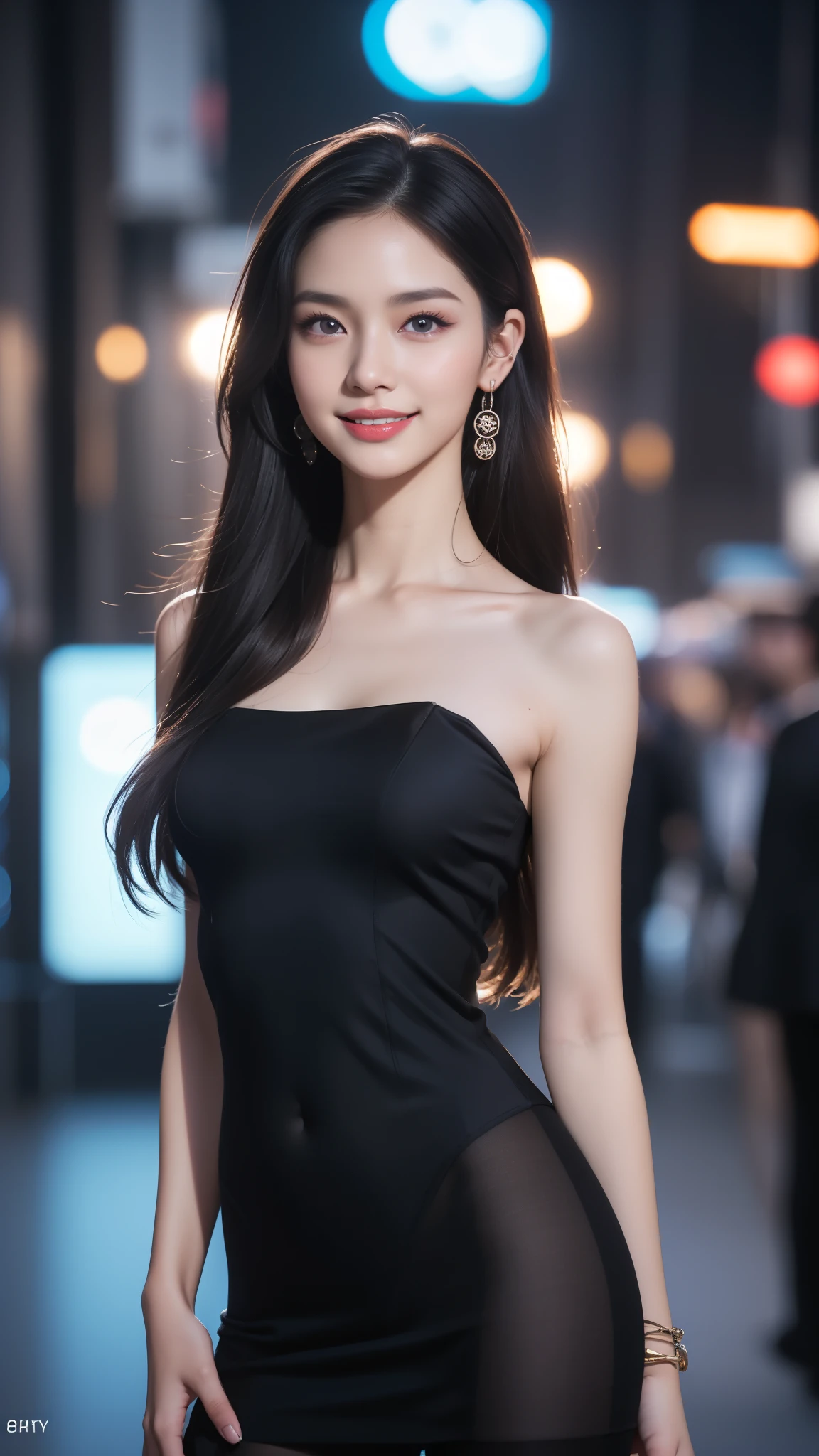 8k, Tabletop, RAW Photos, highest quality, Realistic, Highly detailed CG Unity 8k wallpaper, Written boundary depth, Cinematic Light, Lens flare, Ray Tracing, (Very beautiful face, Beautiful Lips, Beautiful Eyes), Exquisitely detailed face, ((Highly detailed skin)) One Girl, In the Dark, Deep Shadow, Cute Korean Girl, K-POPアイドル, 1 girl, (Very slim and slender fit muscular body:1.3), ((View Audience)),(Big smile:1.3), (Fashion City Night, Dark Night, (Neon Signs), (Blurred Background), Fashion Street Night),(No people in the background:1.3), Beautiful earrings, bracelet, pantyhose, Clear Eyes, walk, (Pale skin), (Big eyes), I&#39;m looking forward to, (Brown Hair), (Full Body Shot), ((Silk Chinese Dress:1.3)), ((Tight Fit Dress)), , (View Audience:1.3) Open chest, Very slim, Huge , Backtrack, (shrapnel), I focus, In front of eyebrows,(Tight dress), Thick thighs,Beautiful ponytail