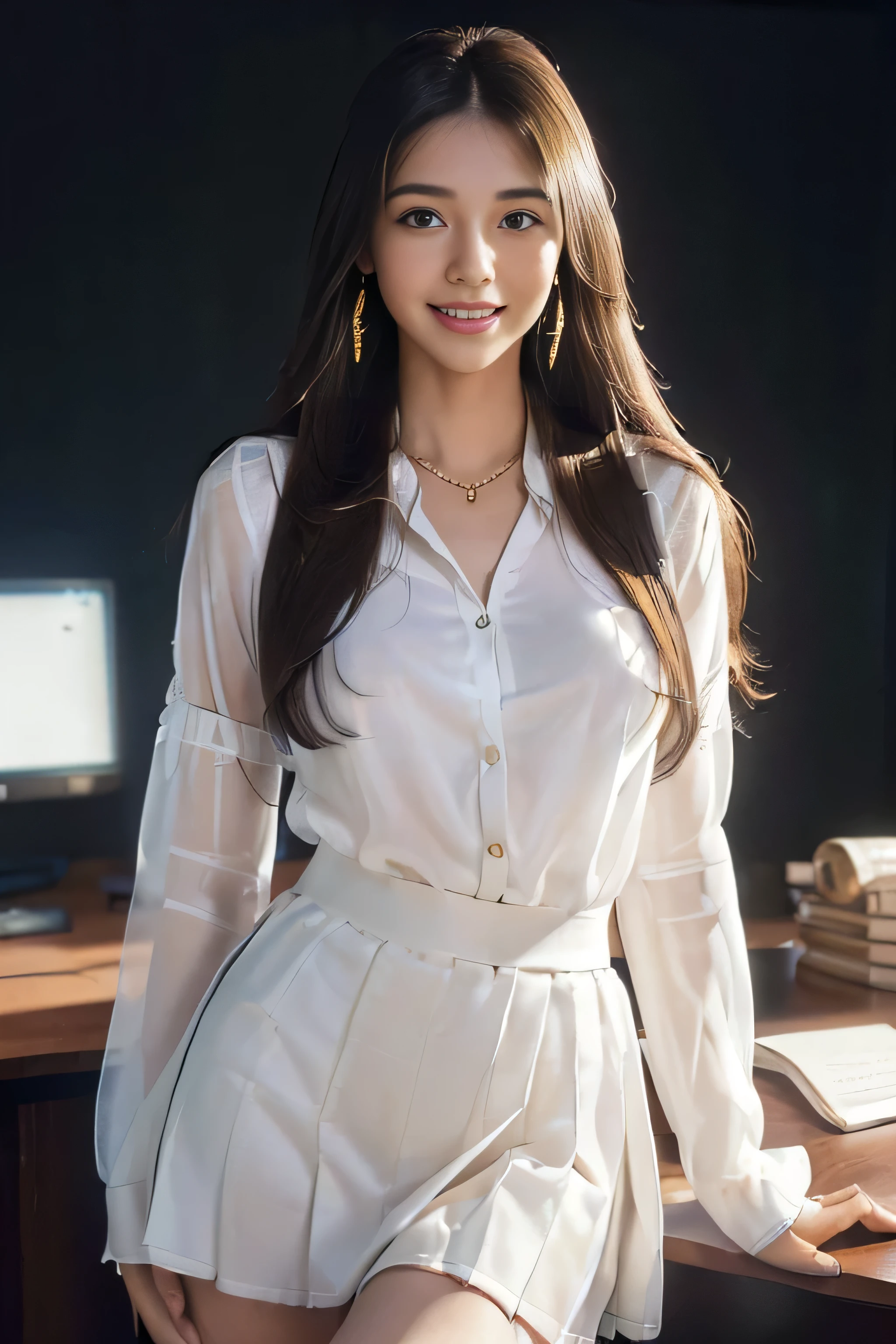 ((Beautiful girl:1.3)) ((school uniform:1.5)) (((smile:1.2)) ((Medium sized breasts:1.2)) ((close:1.3)) highest quality,masterpiece,Ultra-high resolution,(Realistic:1.4),RAW Photos,(Real skin texture:1.3),(Film Grain:1.3),Panorama,Character Portrait,Very wide shot,Tight waist,Cowboy Shot,(In the Dark, Deep Shadow, Modest, Cold Light,) night,(()),Tears flow,,Dust,Tyndall effect,(Performance),,Beautiful and detailed eyes and face,White Jabot,Brown eyes,((Long straight hair_Hair reaching down to the waist:1.2)) ((whole body:1.3))((Gold Necklace_Large earrings:1.2)),((A shy smile:1.3)), ((in the stylish office at night:1.4))((sitting in the office and working at the desk:1.4))((Wearing white crisp shirt_long see-through sleeves:1.3)),((mini irregular hem skirt:1.2))