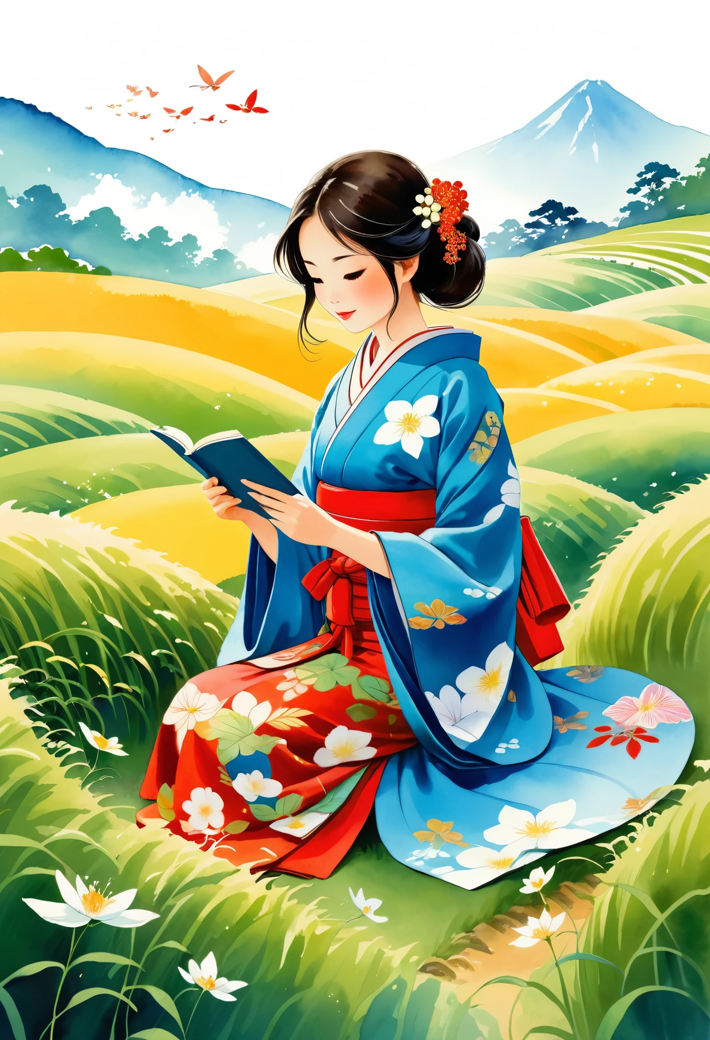 Fairy tale illustration by Reiko Ikemura, pixabay, The Art of Simplicity, full color illustration, cute fairy tale illustration, picture book illustration, illustration, Tea picking girl in the style of Hayao Miyazaki, In this field, kimono, kimono
