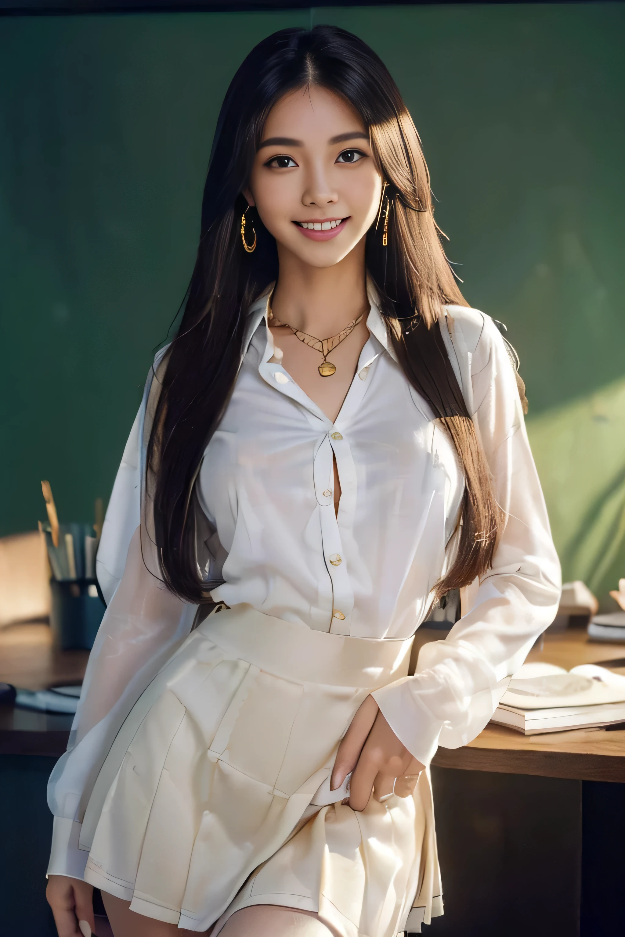 ((Beautiful girl:1.3)) ((school uniform:1.5)) (((smile:1.2)) ((Medium sized breasts:1.2))  ((close:1.3)) highest quality,masterpiece,Ultra-high resolution,(Realistic:1.4),RAW Photos,(Real skin texture:1.3),(Film Grain:1.3),Panorama,Character Portrait,Very wide shot,Tight waist,Cowboy Shot,(In the Dark, Deep Shadow, Modest, Cold Light,) night,(()),Tears flow,,Dust,Tyndall effect,(Performance),,Beautiful and detailed eyes and face,White Jabot,Brown eyes,((Long straight hair_Hair reaching down to the waist:1.2)) ((whole body:1.3))((Gold Necklace＿Large earrings:1.2)),((A shy smile:1.3)), ((in the stylish office at night:1.4))((sitting in the office and working at the desk:1.4))((Wearing white crisp shirt_long see-through sleeves:1.3)),((mini irregular hem skirt:1.2))