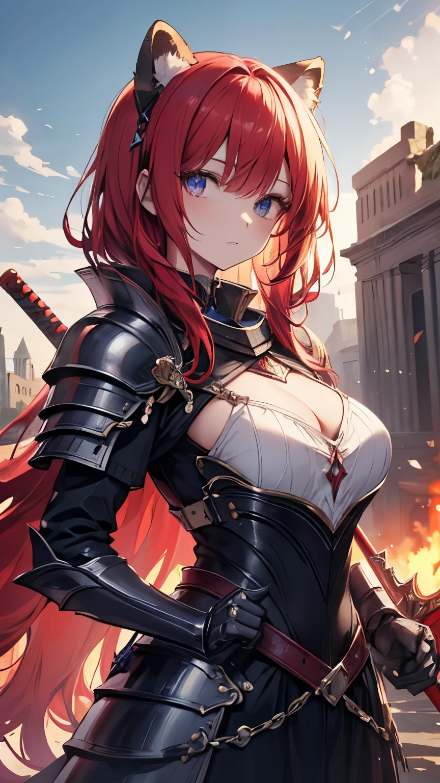((best quality)), ((masterpiece)), (detailed), perfect face, Highly detailed face, detailed eyes, (looking at viewer:1.2), (red hair), bangs, ((hair over shoulder)), floating hair, raccoon ears, The armor worn by medieval Western knights, the shiny design, the toned waist, the fantasy novels, the powerful gaze, ((she holds a long, huge sword that shines red)), fantasy art, bloody armor, burning ruins, flat chest