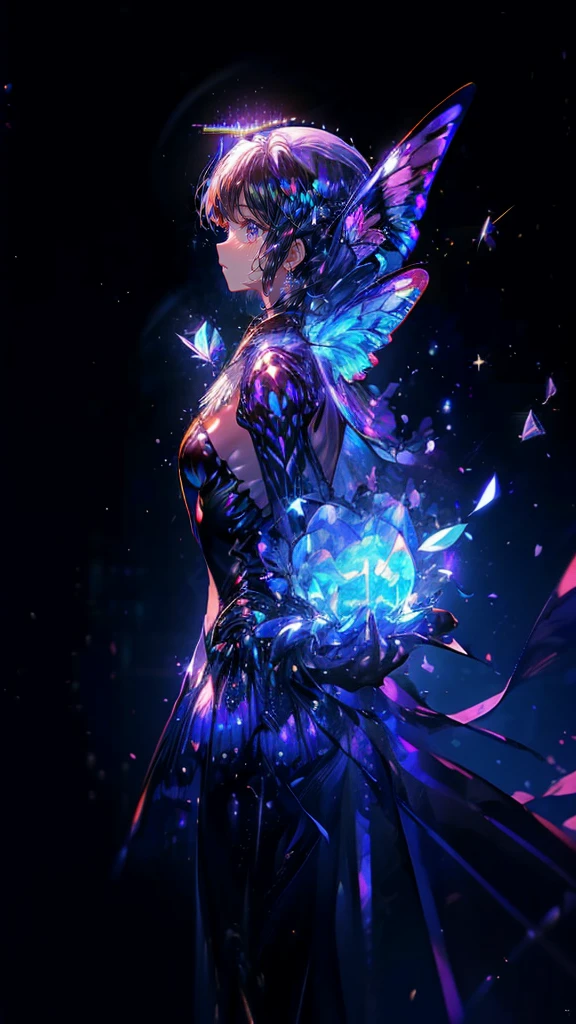 {{masterpiece, best quality, Extremely detailed CG, unified 8k wallpaper, movie lighting, }}, Butterfly,Dreamy purple butterfly,(Pure black background),crystal shard,A little bit of light,Tyndall effect,(plain background),(nobody),no one