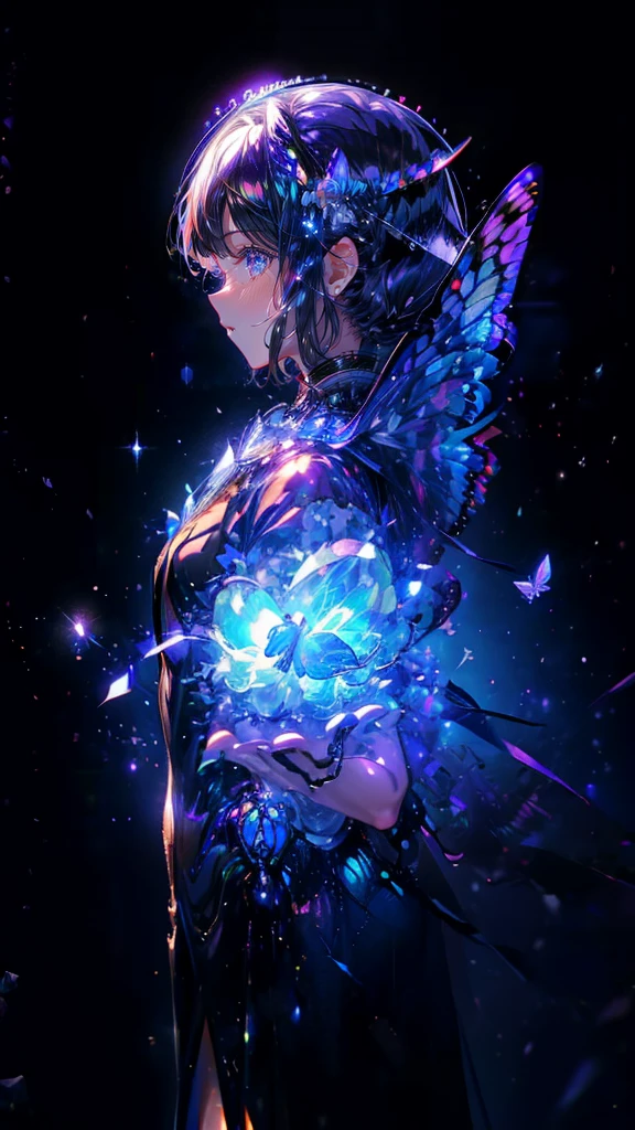 {{masterpiece, best quality, Extremely detailed CG, unified 8k wallpaper, movie lighting, }}, Butterfly,Dreamy purple butterfly,(Pure black background),crystal shard,A little bit of light,Tyndall effect,(plain background),(nobody),no one