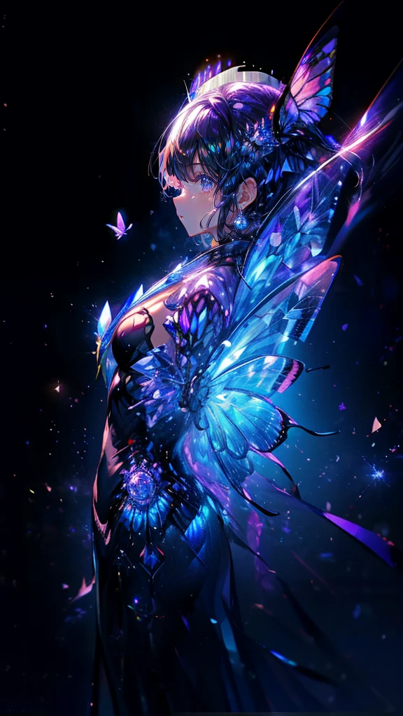{{masterpiece, best quality, Extremely detailed CG, unified 8k wallpaper, movie lighting, }}, Butterfly,Dreamy purple butterfly,(Pure black background),crystal shard,A little bit of light,Tyndall effect,(plain background),(nobody),no one