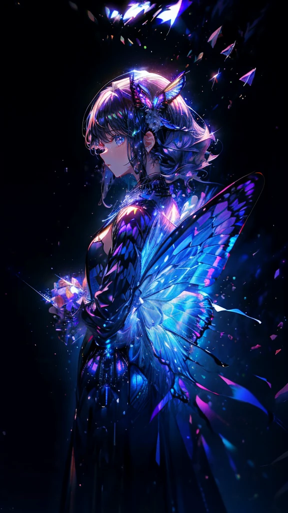 {{masterpiece, best quality, Extremely detailed CG, unified 8k wallpaper, movie lighting, }}, Butterfly，Dreamy purple butterfly，（Pure black background），crystal shard，A little bit of light，Tyndall effect，（plain background），（nobody），no one