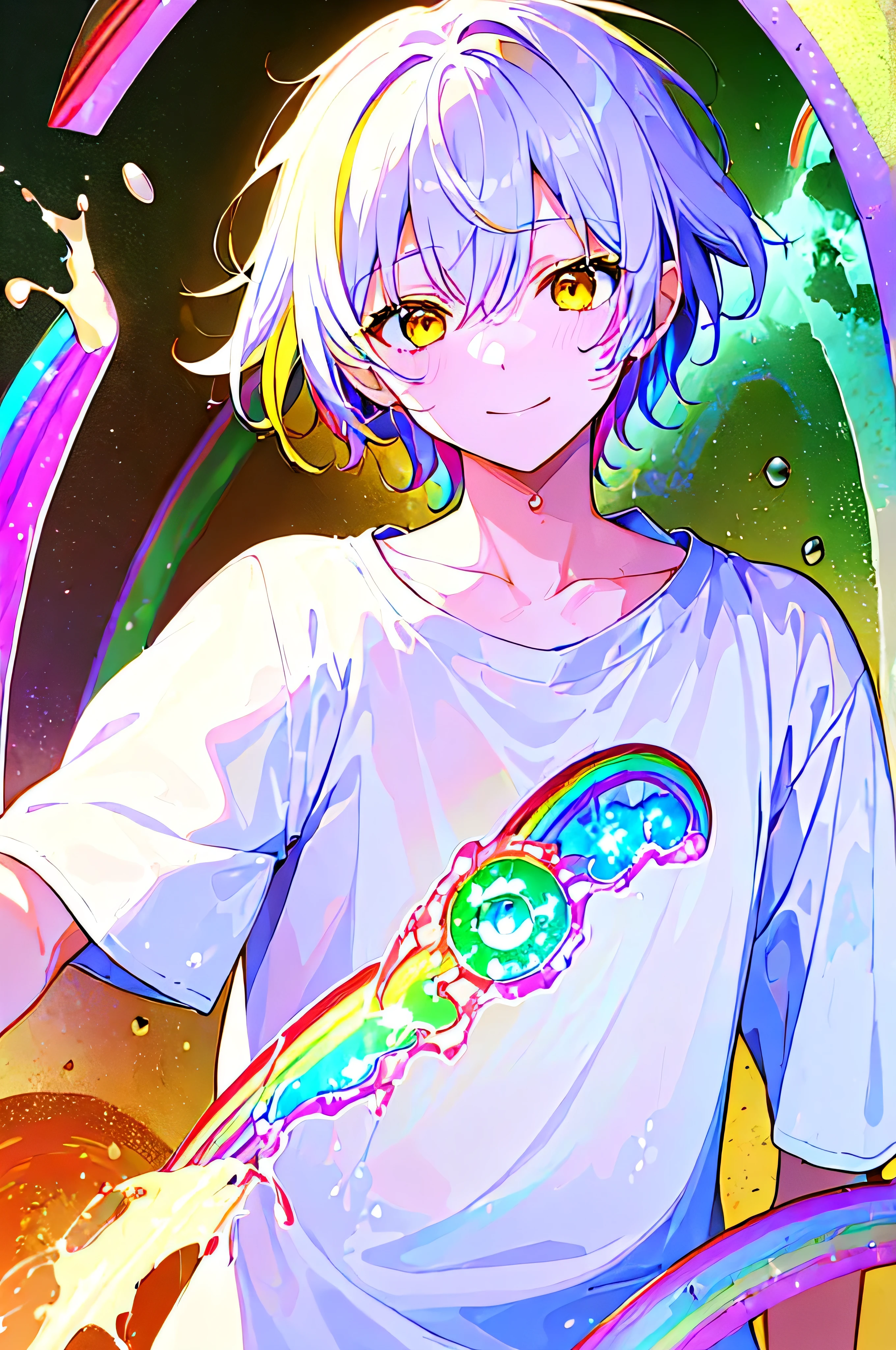 [(WHITE BACKGROUND:1.5),::5], ((((masterpiece)))), high quality, very_high_resolution, large_filesize, upper body, full color, (Solo), ((younger boy)), 13 old year, short white hair, vivid color, ((yellow eye)), Summer clothes white, animestyle, smile, (Rainbow Splash effect:1.5)