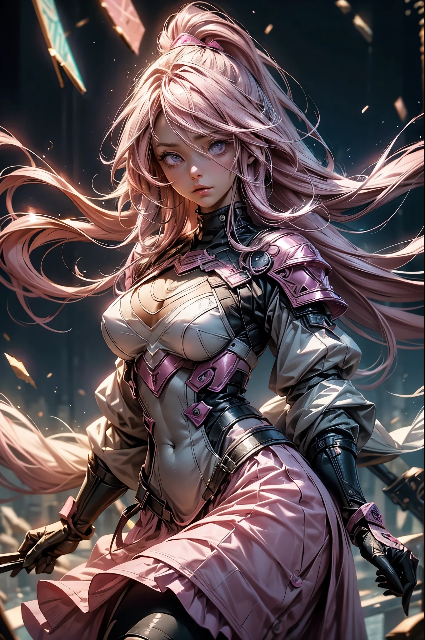 Holding a bow、Pink-haired Scandinavian girl wearing half-plate armor and a frilly skirt over a skin-tight bodysuit, (Pink Long Hair:1.4), Pink Eyes,Attractive breasts、High resolution (High Dynamic Range), Ray Tracing, NVIDIA, Super Resolution, Scattered under the surface, Anisotropic Filtering, Written boundary depth ,Maximum clarity and sharpness, Surface Shading, Two-tone lighting