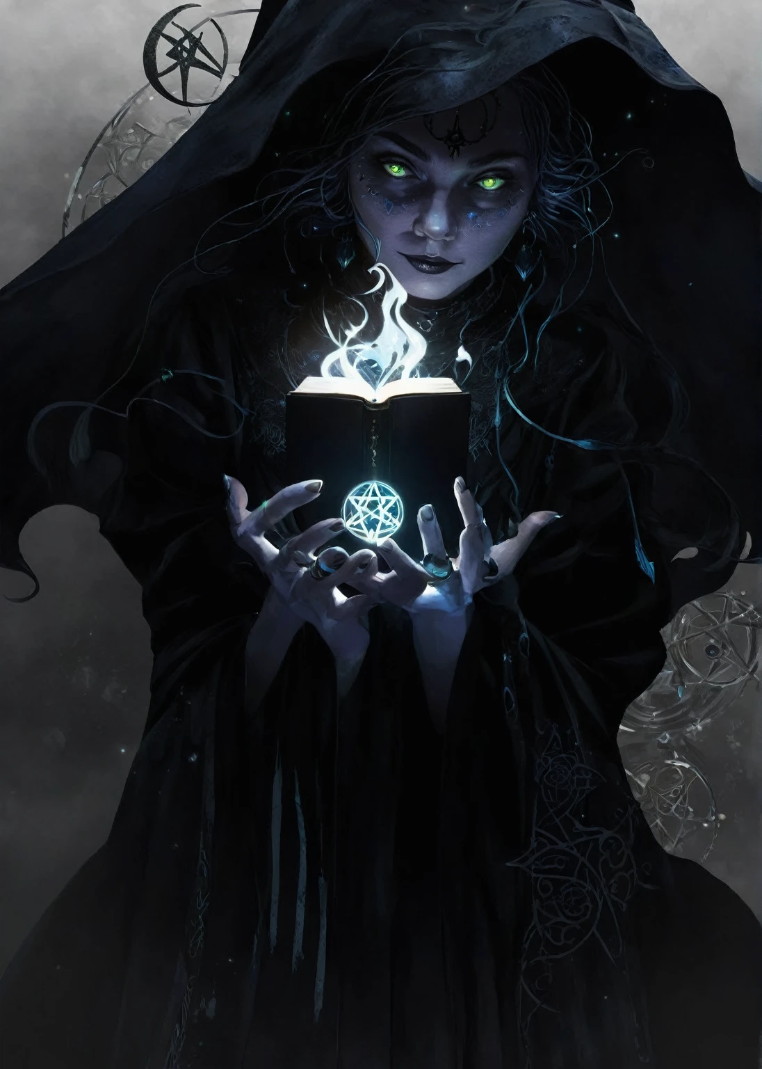depicts a modern-day witch who has embraced the world of cybernetics to enhance her magical abilities. The artwork should convey the enchanting blend of traditional witchcraft and futuristic technology. Here are some specific elements to include: The Witch's Lair: The setting should be a cozy yet slightly eerie room, filled with magical books, crystal balls, potion ingredients, and antique furnishings. The room should be dimly lit by candles and a soft, mystical glow emanating from her cybernetic enhancements. The Cyborg Witch: The central focus of the artwork is the witch herself. She's a striking figure with a mix of traditional witch attire and cybernetic enhancements. Her clothing should have a witchy, occult aesthetic, with flowing robes, a pointed hat, and an intricate pentagram necklace. Her arms, however, have been upgraded with cybernetic components that incorporate magical symbols and glowing runes. Magical Interface: The witch is in the midst of casting a spell, with a holographic, touch-screen interface floating before her. This interface includes spell incantations, arcane symbols, and digital components, demonstrating her fusion of magic and technology. Spell Ingredients: On a nearby table, there should be a collection of spell ingredients, like herbs, potions, and magical artifacts. Some of these items may have been modified with cybernetic enhancements, blurring the line between the natural and the technological. Familiar: The witch's familiar, perhaps a cat or raven, should be present in the scene, serving as her magical companion. The familiar could also have subtle cybernetic enhancements or glowing eyes. Glowing Runes: The room should be adorned with ancient symbols and glowing runes on the walls and floor, contributing to the magical atmosphere. Aetherial Lighting: Use a combination of mystical, ethereal lighting and cybernetic glows to create a captivating interplay of light and shadow. The contrast between the tradit