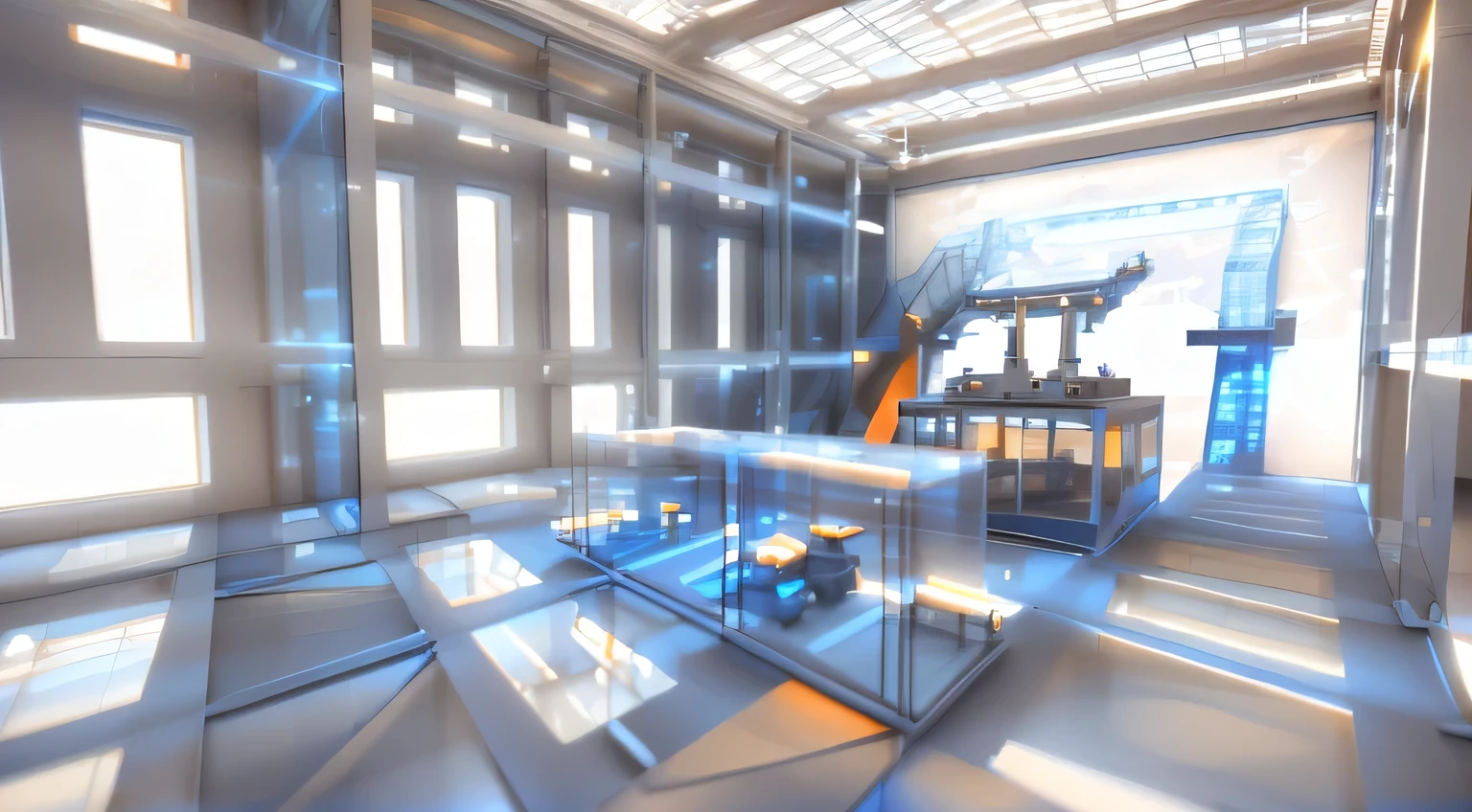 blue sky and white clouds,large showroom design,glass transparent roofs,luminous light strips,ropeways,mountains outside windows,cyberpunk,(best quality, 4k, 8k, high resolution, masterpiece:1.2),neon,white light strips,extremely detailed,futuristic cities,reflections on floors,ambient lighting,high tech products,smooth surfaces,metal finishes,industrial style. Geometric shapes,immersive atmospheres,innovative architecture,sophisticated aesthetics,motion-sensitive lights,perfect blend of blue and orange,minimalist style with a slightly edgy vibe,unique and cutting-edge design elements for a surreal experience