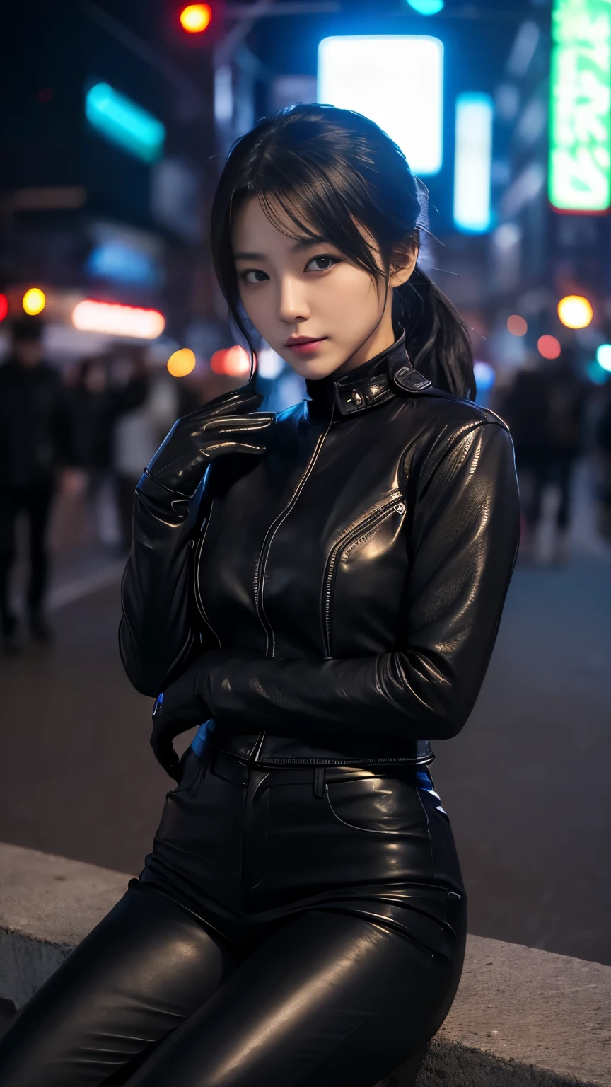 black leather rider jacket, Office in the Dark, Black leather gloved fingertips on both hands,Wearing black leather gloves,Sitting in a black leather chair、 Japanese female new recruits (Black leather gloves cover both hands) (The angle is horizontal)、Black Leather Pants,Black Leather Black Leather Pants,Black Leather Skinny Pants、Long black leather boots on both feet、Black hair ponytail ((He wears black leather gloves on his hands))Full Body Photo,full body shot full body full body leather suit,☺If you turn in this direction。Wearing black leather gloves,Wearing black leather gloves,Wearing black leather gloves,Wearing black leather gloves,Wearing black leather gloves,Wearing black leather gloves,黒のレザーパンツが美しい😍黒のレザーパンツが美しい😍黒のレザーパンツが美しい,😍Smiling while looking at me,City lights、((Neon Cyberpunk City Street:1.3))、(Neon Light)、Detailed lighting、

Best image quality、Ultra-high resolution、(realism:1.4)、Korean Beauty Star、The most beautiful KPOP stars、face、Horny Korean Makeup、A body that makes you want to touch it、Realistic leather texture、Costume made of smooth leather fabric、The drape of the curved parts of the leather fabric、The costume is very shiny、Quality of the costume、8K Photo Quality