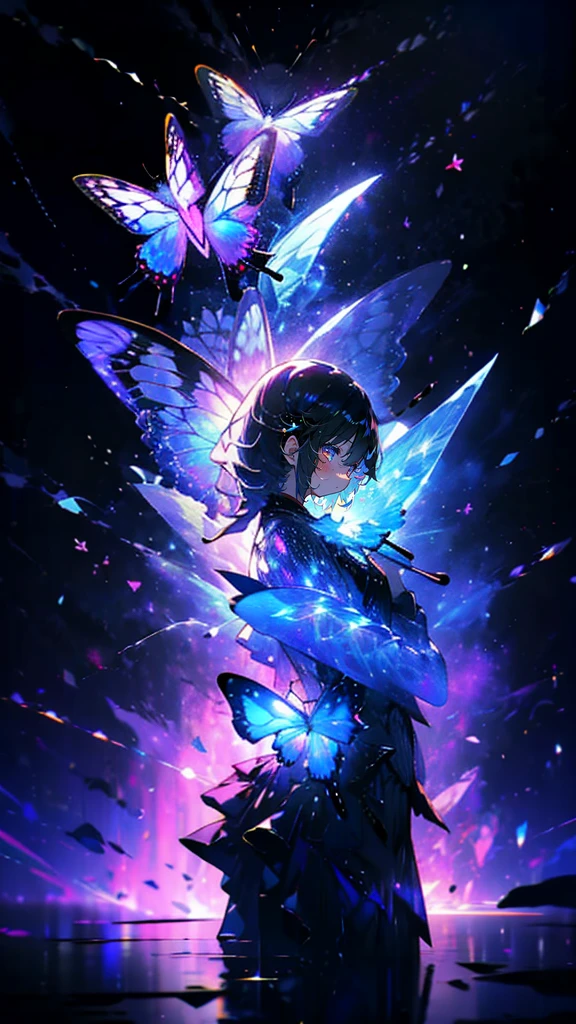 {{masterpiece, best quality, Extremely detailed CG, unified 8k wallpaper, movie lighting, }}, Butterfly,Dreamy purple butterfly,(Pure black background),crystal shard,A little bit of light,Tyndall effect,(plain background),(nobody),no one
