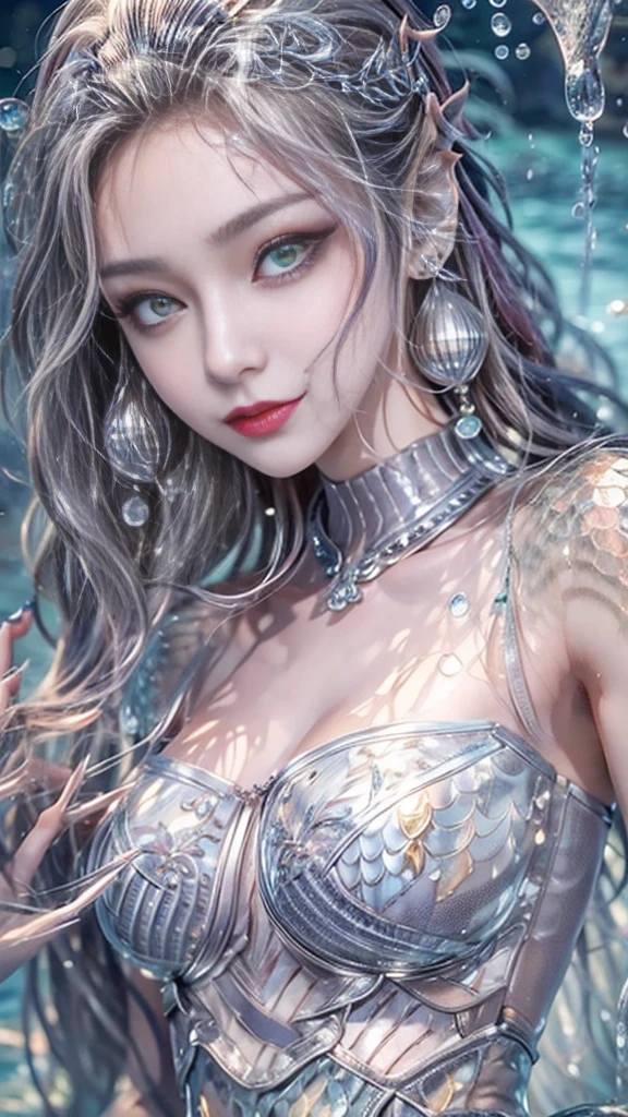 (RAW shooting, 32k:1.5, highest quality, masterpiece, Ultra-high resolution), (Under the sea at night:1.0, moonlight:0.7, Mystical Expressions:1.2, Expressions of sadness:1.0), Fractal Art:1.3, Perfect dynamic composition:1.3, 非常にdetailedな肌と顔の質感:1.3, (Dynamic flow of water waves:1.2, Slim Mermaid:1.2, Mermaid tail), Looking up at the audience, Fair skin:1.1, Incredibly slim body:1.2, Very beautiful face:1.1, Water droplets on the skin, detailed, (Rain drips down on my body:0.9, Wet body:0.9, Wet Hair:0.9), (Posing Pro:0.9, With a wet bouquet:0.9, Gorgeous silver shiny mermaid dress portrait:1.2, Woven Belt), Shapely breasts, (Big eyes that exude beautiful eroticism:0.5, Lips that exude beautiful eroticism:0.5), Totally captivates you, Very sweet atmosphere, necklace, Earrings, bracelet