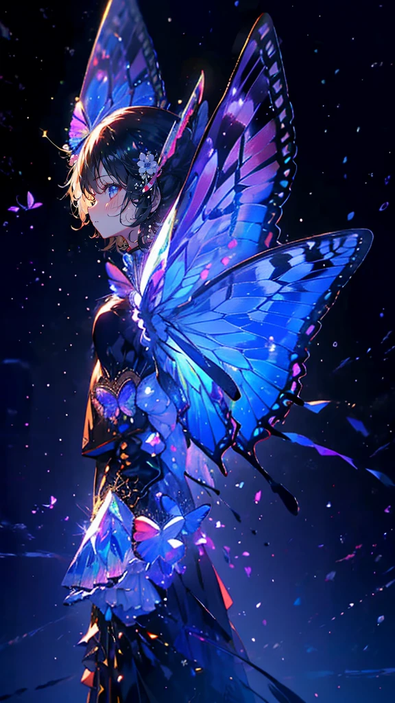 {{masterpiece, best quality, Extremely detailed CG, unified 8k wallpaper, movie lighting, }}, Butterfly，Dreamy purple butterfly，（Pure black background），crystal shard，A little bit of light，Tyndall effect，（plain background），（nobody），no one