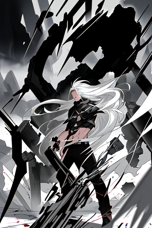 Boy, with long hair, with white hair, black and white, destruction, 4K quality.