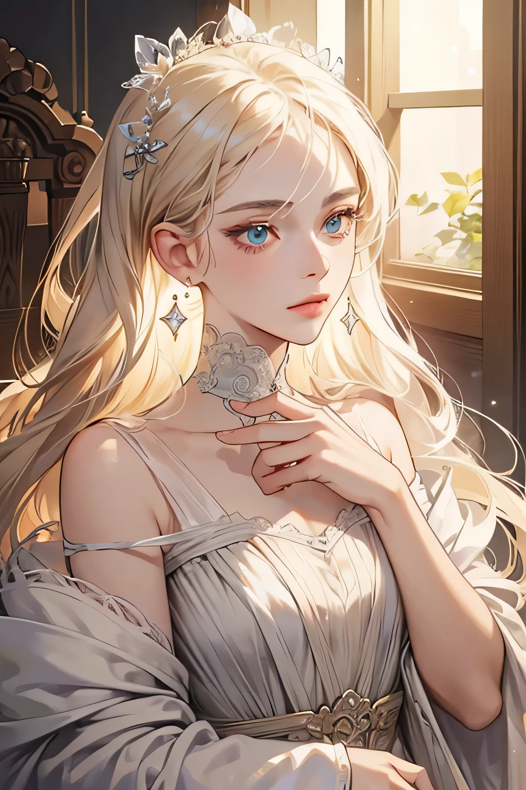 (extreamly delicate and beautiful:1.2), 8K,(masterpiece:1.0),(best_quality:1.0), 1 girl, and intricate detailing, Enlarged textures, and intricate detailing, finely eye and detailed face, and intricate detailing, shiraga, platinum blonde curls long hair, (closed mouths), Perfect eyes, Equal eyes, topaz color eyes (A famale god) with dress of game nikki dress up , topaz color eyes perfect, perfect, earing, perfect body, topaz color perfect eyes, lips nude, half body, look at camera, topaz eyes,