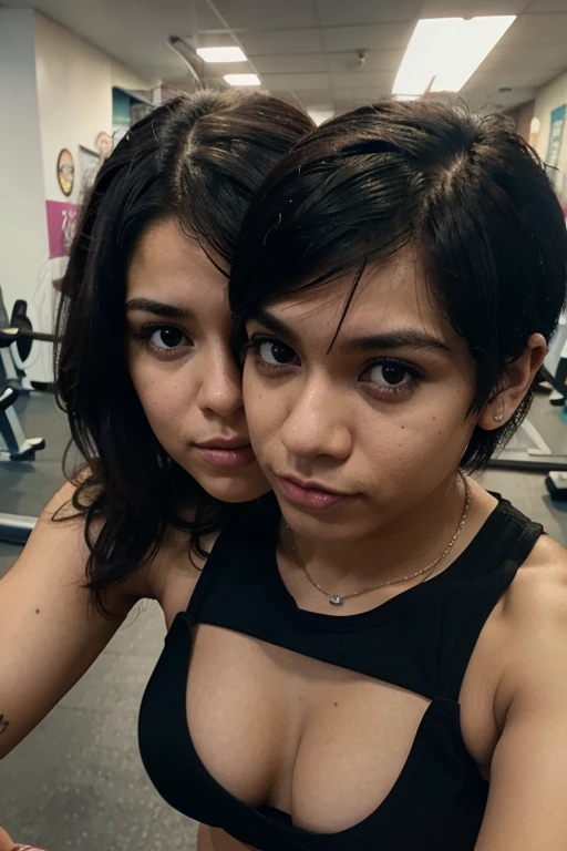 Pareja emo Interracial chica emo mexicana y chico emo polaco delgado muy alto cabello emo corto en el gym planet fitness