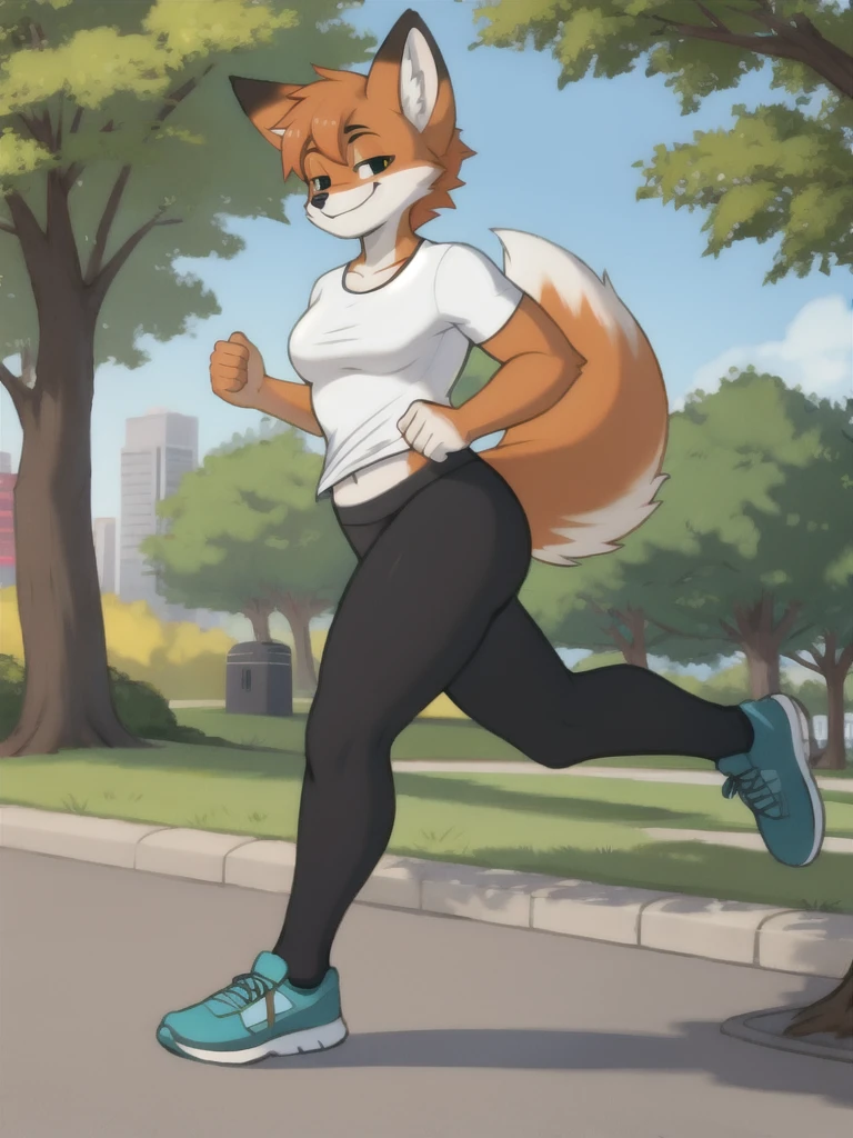 Furry, fox, smile, black leggings, white shirt, jogging, solo, park