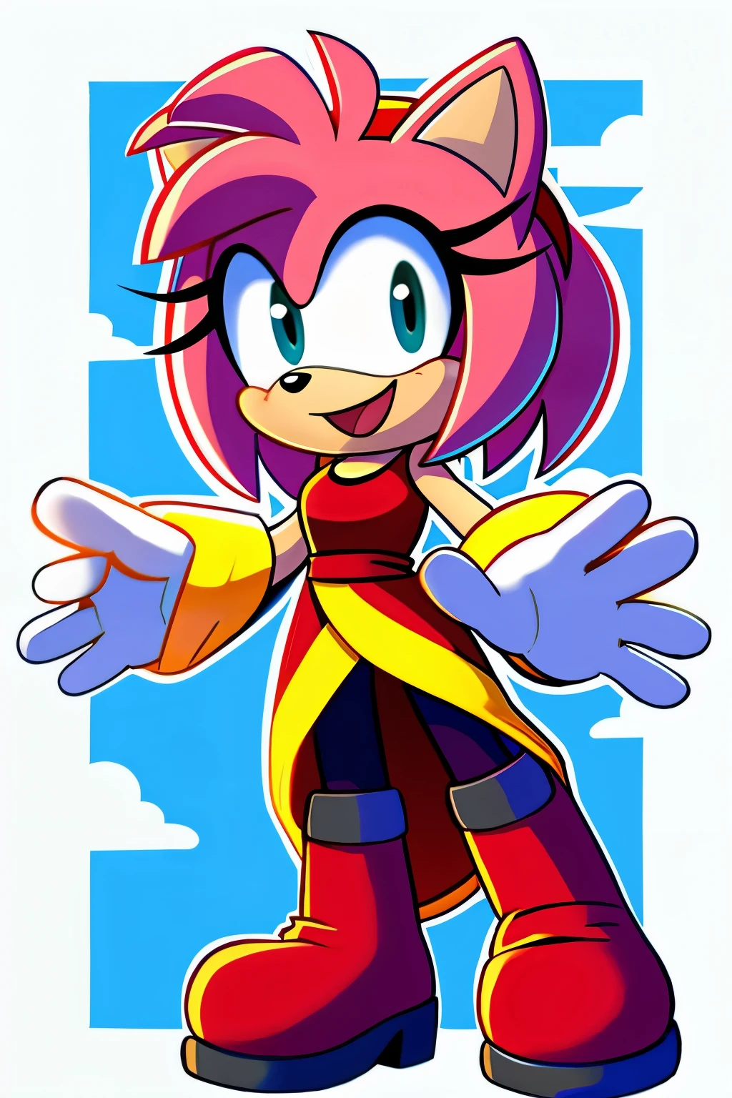 Amy Rose, vestido azul, Top branco com babados fora do ombro, maxi vestido azul, franja, sorriso, boca aberta, standing, hands down, fundo do jardim, flores, colunas, fechar-se, Luz do dia, Plano 2D, 2D Illustration, estilo de desenho anime.