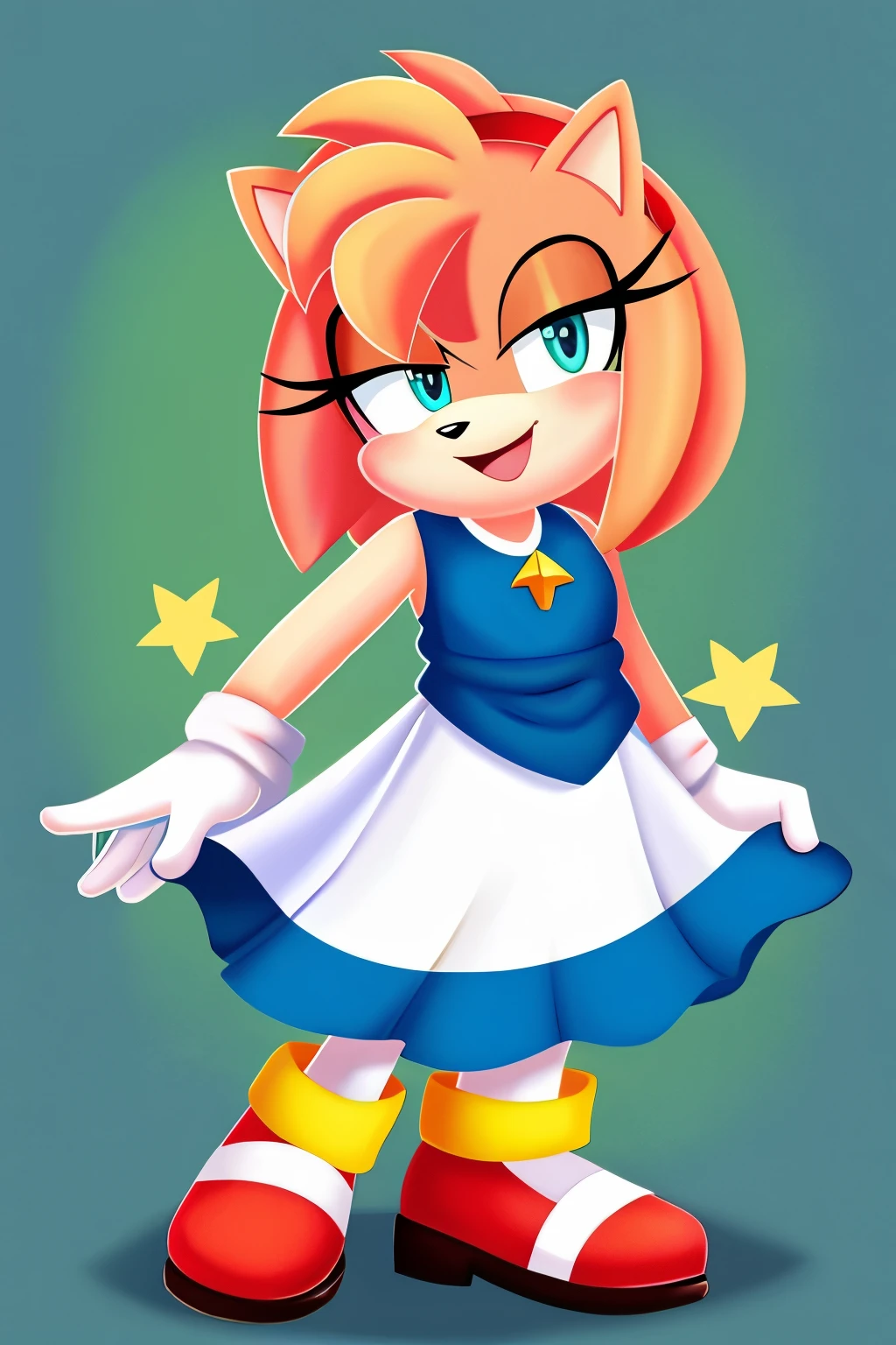 Amy Rose, vestido azul, Top branco com babados fora do ombro, maxi vestido azul, franja, sorriso, boca aberta, standing, hands down, fundo do jardim, flores, colunas, fechar-se, Luz do dia, Plano 2D, 2D Illustration, estilo de desenho anime.