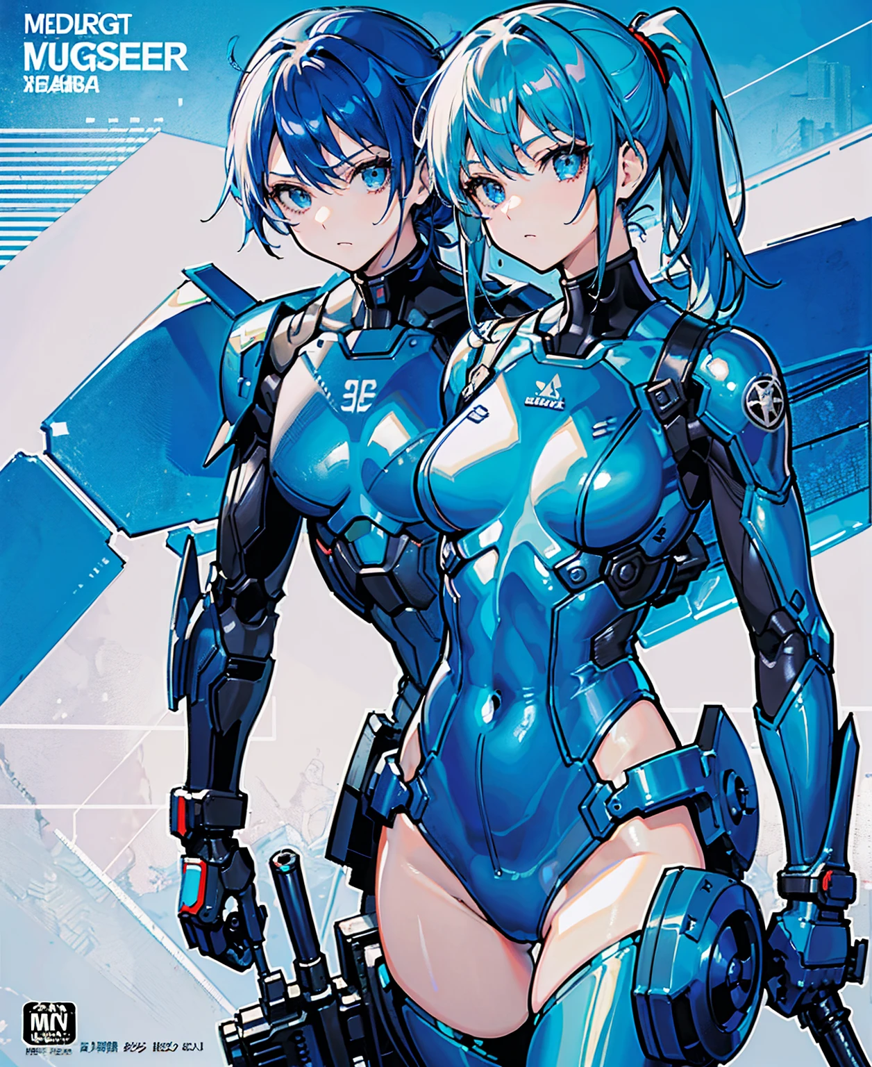 Blue Hair、Masterpiece、Best Quality、1 girl、Medium breast、((Album cover))、Light on Face、Slim Body、Blue Costume、Exoskeleton、metal Gear、Cyberpunk Style、ponytail、The Gundam pilot、attention arousal,Ride a fighter