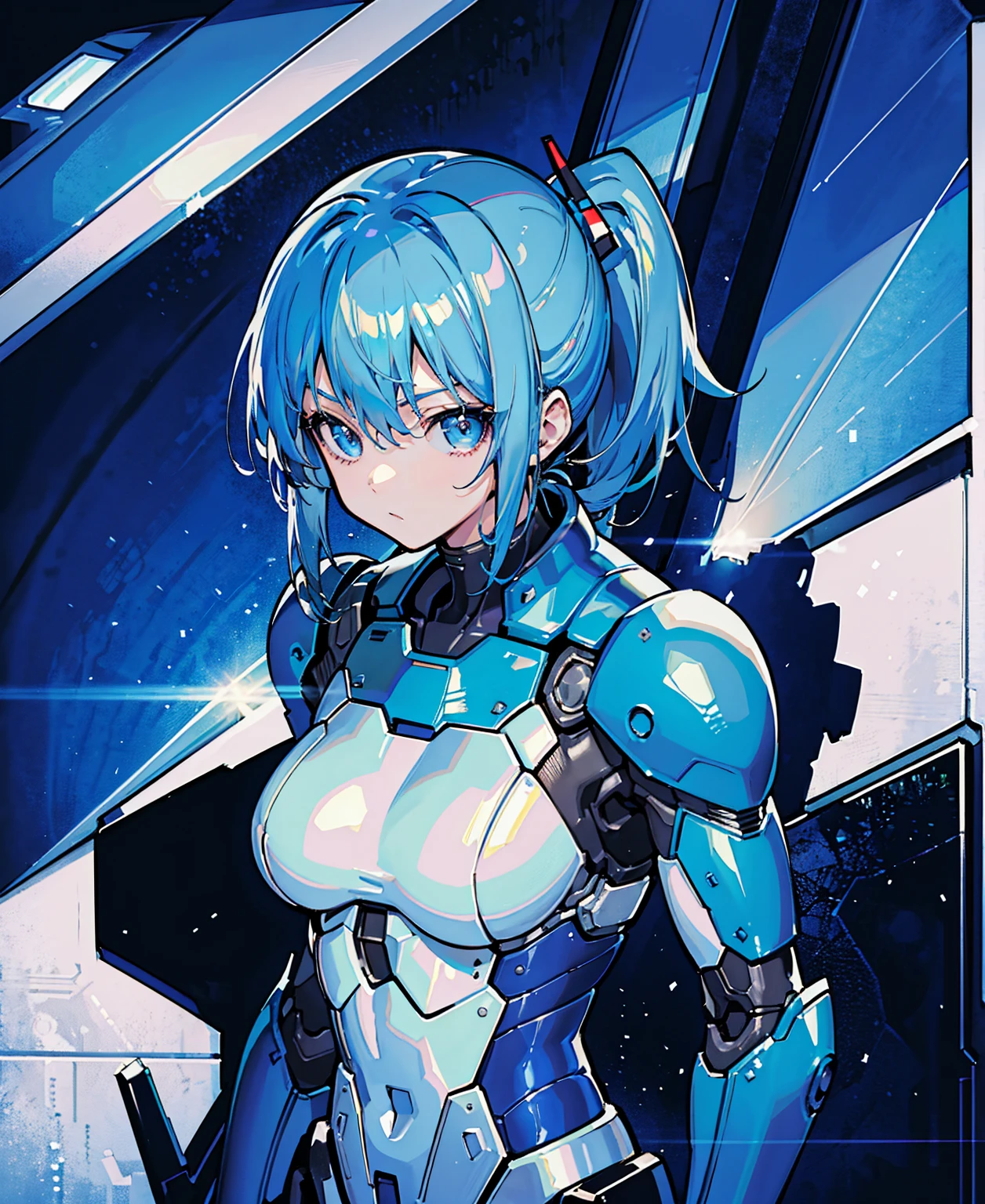 Blue Hair、Masterpiece、Best Quality、1 girl、Medium breast、((Album cover))、Light on Face、Slim Body、Blue Costume、Exoskeleton、metal Gear、Cyberpunk Style、ponytail、The Gundam pilot、attention arousal,Ride a fighter