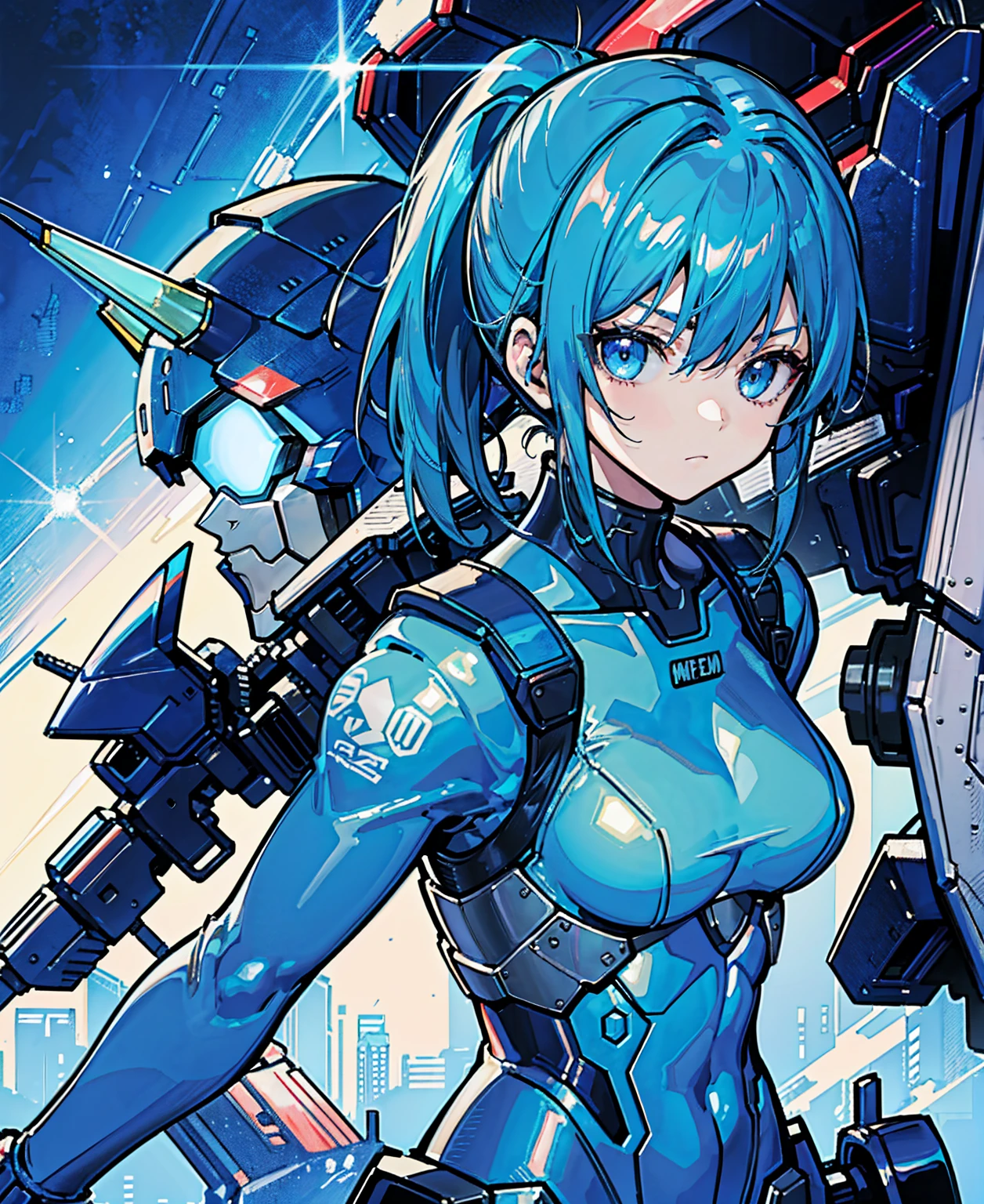 Blue Hair、Masterpiece、Best Quality、1 girl、Medium breast、((Album cover))、Light on Face、Slim Body、Blue Costume、Exoskeleton、metal Gear、Cyberpunk Style、ponytail、The Gundam pilot、attention arousal，Ride a fighter