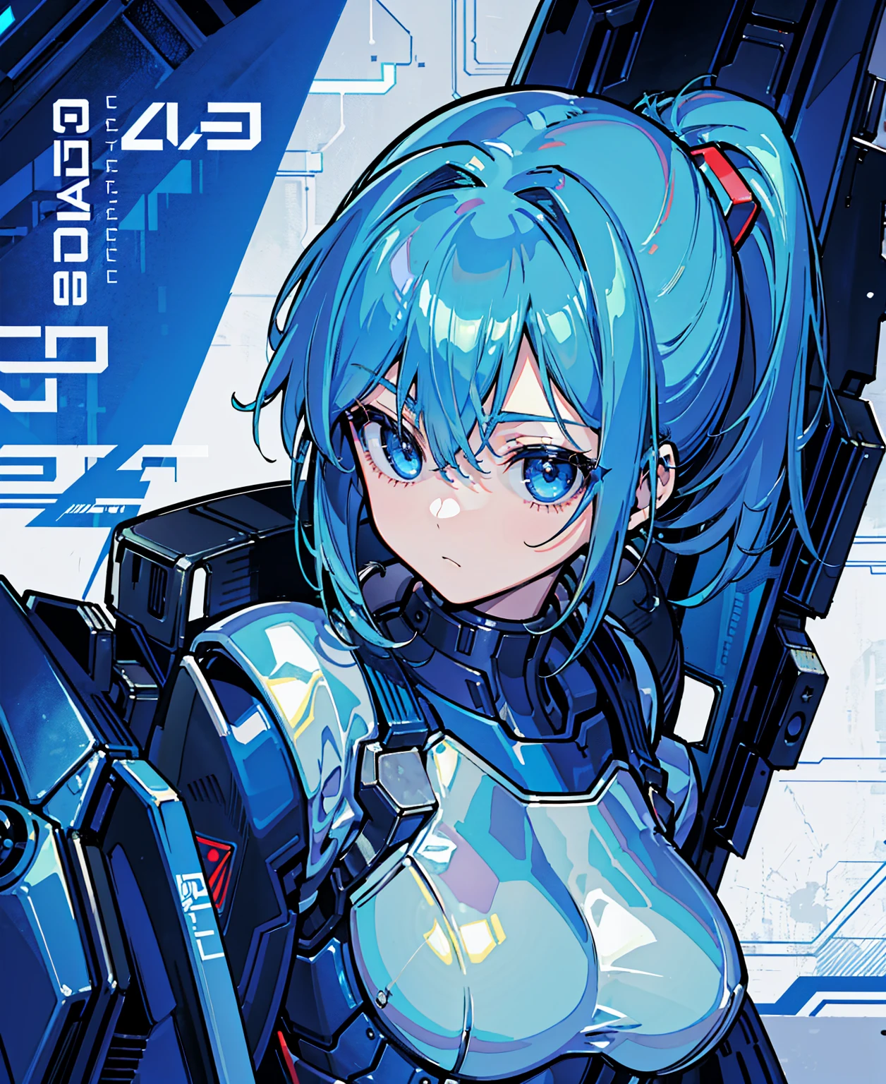 Blue Hair、Masterpiece、Best Quality、1 girl、Medium breast、((Album cover))、Light on Face、Slim Body、Blue Costume、Exoskeleton、metal Gear、Cyberpunk Style、ponytail、The Gundam pilot、attention arousal,Ride a fighter