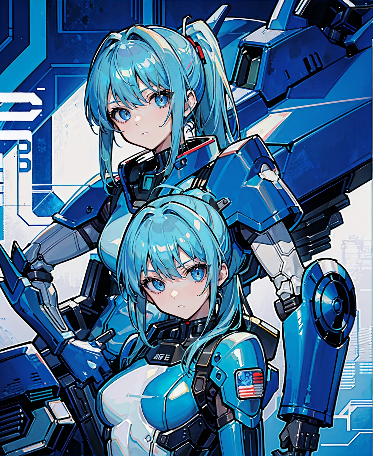 Blue Hair、Masterpiece、Best Quality、1 girl、Medium breast、((Album cover))、Light on Face、Slim Body、Blue Costume、Exoskeleton、metal Gear、Cyberpunk Style、ponytail、The Gundam pilot、attention arousal，Ride a fighter