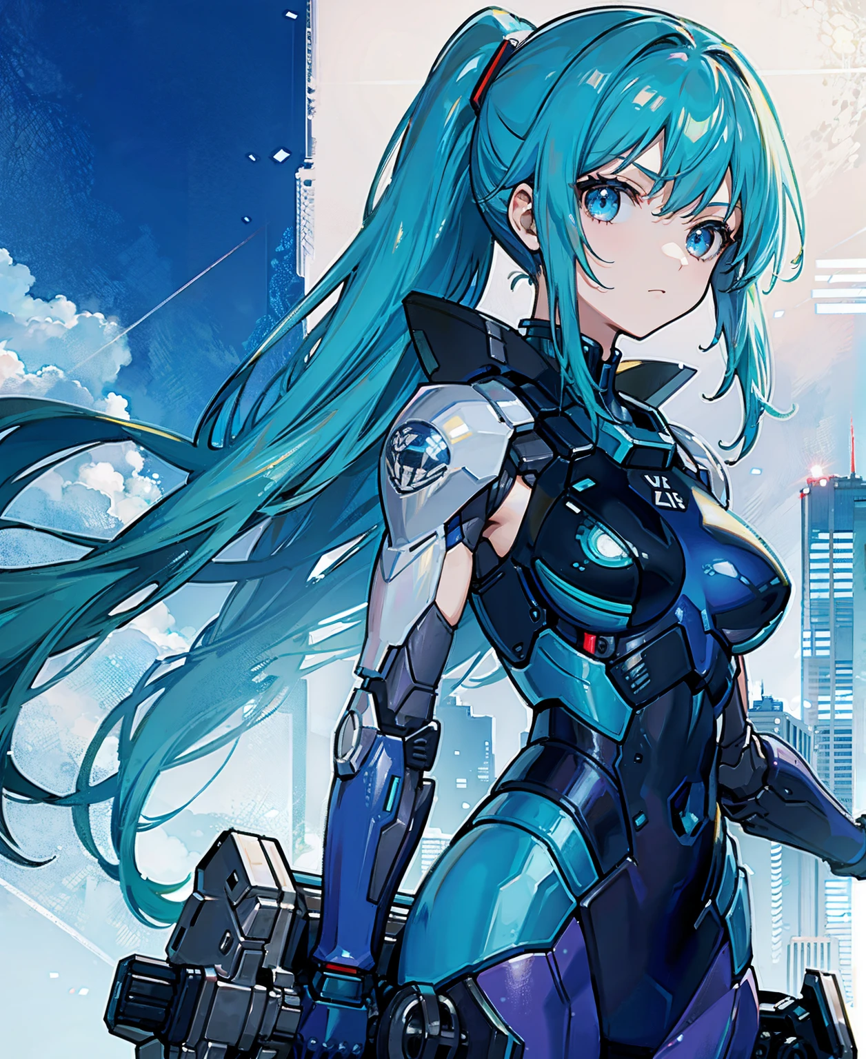 Blue Hair、Masterpiece、Best Quality、1 girl、Medium breast、((Album cover))、Light on Face、Slim Body、Blue Costume、Exoskeleton、metal Gear、Cyberpunk Style、ponytail、The Gundam pilot、attention arousal,Ride a fighter