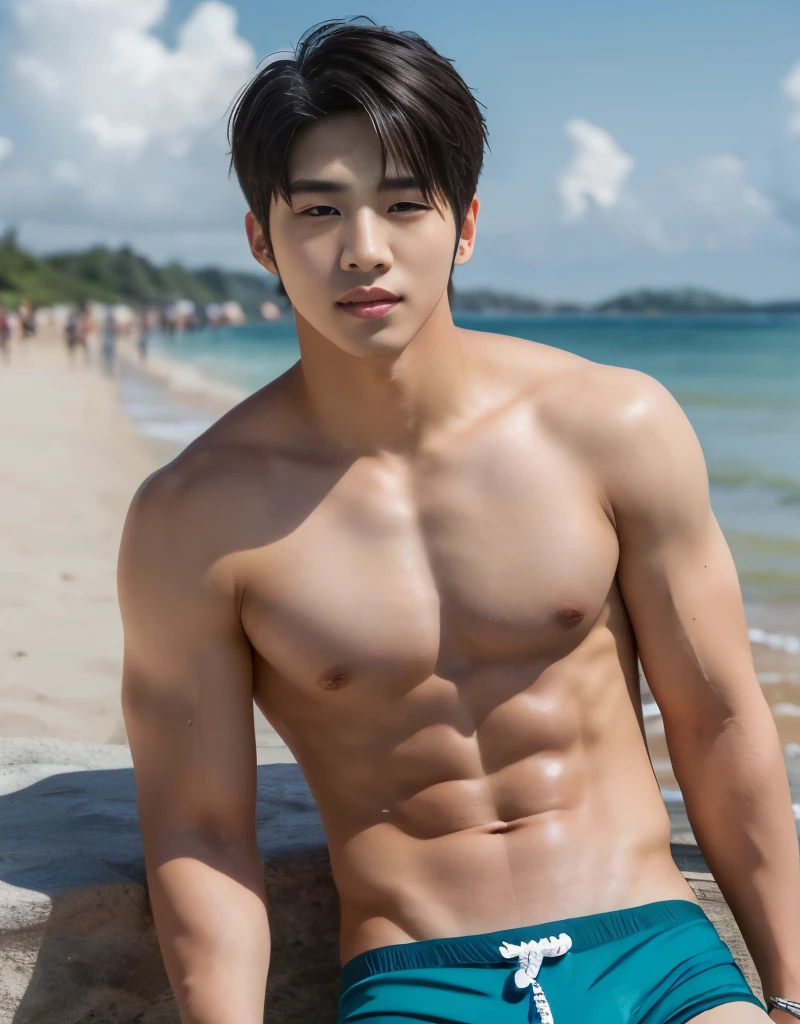 (((photo realistic))),((raw photo)),male swimming trunks ,shirtless,Photo of one 18 years old handsome K-POP star boy,(at the beach),(muscular),(muscular legs),highly detailed face,tanned,Refreshingly handsome man in his 20s、（Super cool S-class guy）、Japanese Male,a handsome guy,Handsome like a model、Handsome like an idol,short hair