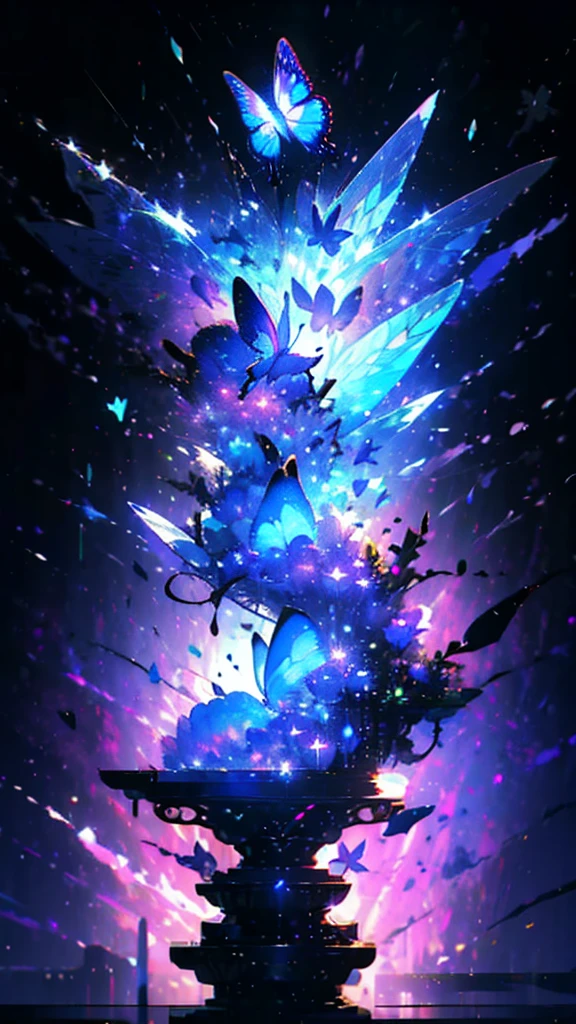{{masterpiece, best quality, Extremely detailed CG, unified 8k wallpaper, movie lighting, }}, Butterfly,Dreamy purple butterfly,(Pure black background),crystal shard,A little bit of light,Tyndall effect,(plain background),(nobody),no one