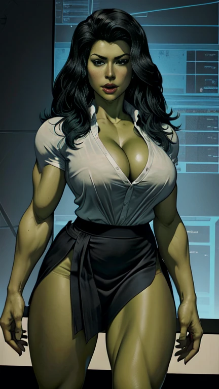masterpiece,very sharp image,(((The Perfect One Woman))),(((one person))),sci-fi laboratory, beautiful detailed face,she hulk, marvel comics, green skin, muscolar body, hi-tech scene, ripped white shirt and ripped black skirt, mid shot destance, long black wavy hair, Excellent sense,big breasts,cleavage,American Comics,colorful,highly detailed body, perfect eyes, perfect hands, shocked expression, full body shot, surprised body