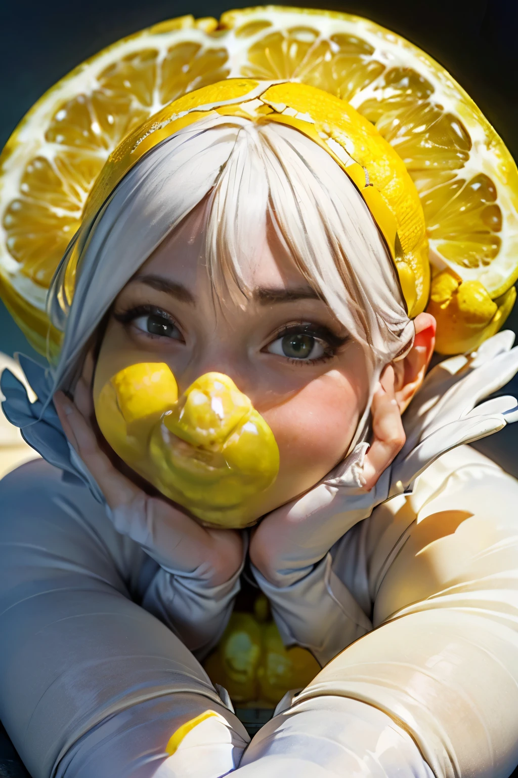 Young and stunningly beautiful woman、Medium Full Portrait、(Wearing white tights:1.5)、(The head of a large lemon has only its face carved out.:1.75)、Eating lemon